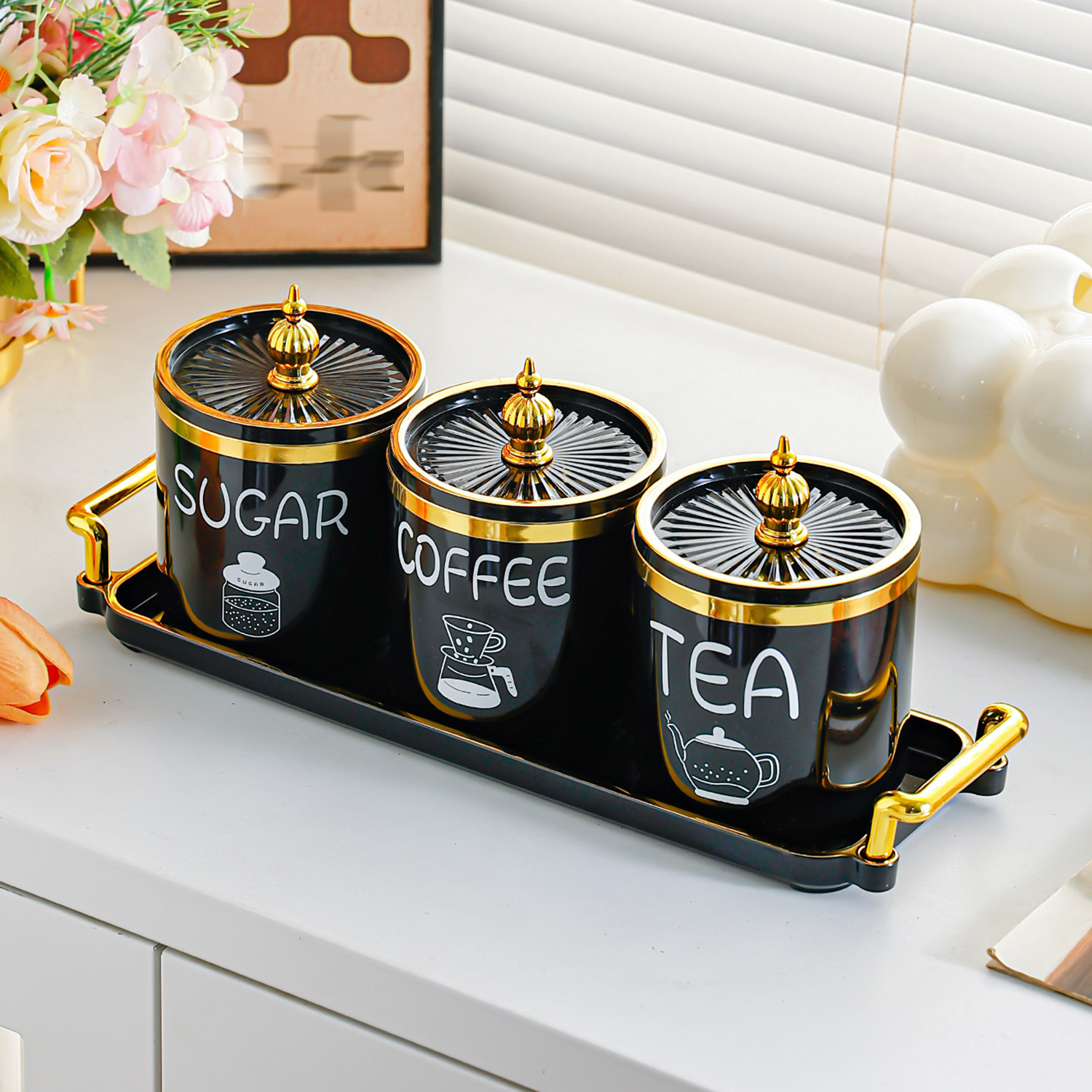 TEMU Coffee, Tea, & Sugar Storage Set - 3pcs Black Kitchen Canister Set With Tray, , Household Living Room Dining Room Kitchen Storage Jars, Spice