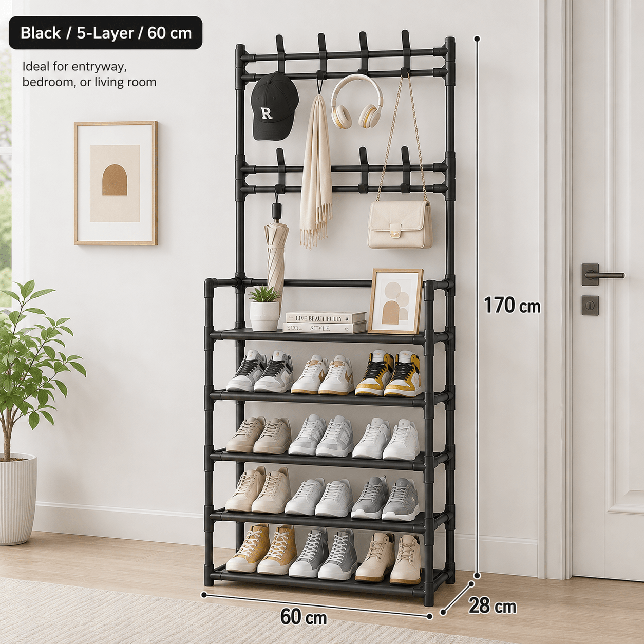 TEMU Organizer da 2 in 1, Scarpiera a 5 Livelli con 8 Ganci Appendiabiti, Porta Scarpe e Borse 60 cm per Corridoio, Camera e Casa