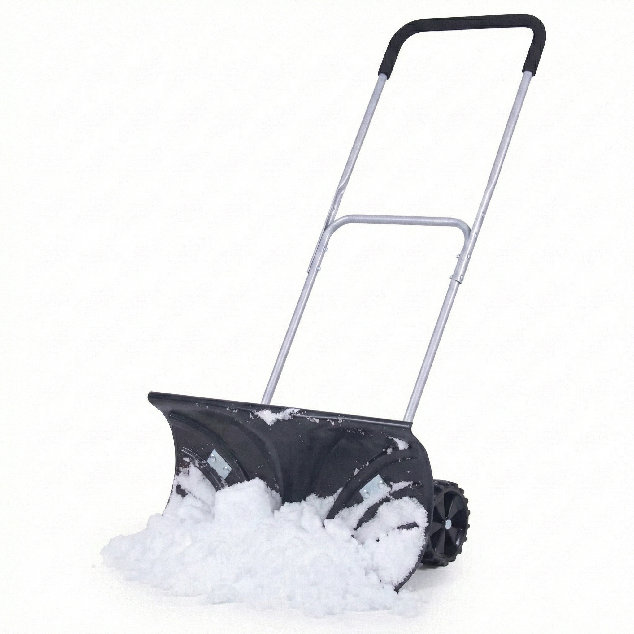 Image of 66 Cm Snow Pusher With Wheels And Height-adjustable Handle – Snow Shovel With Plastic Shield, Edge, And Cold-insulated Grip For , Driveways, Yards, And Parking Lots