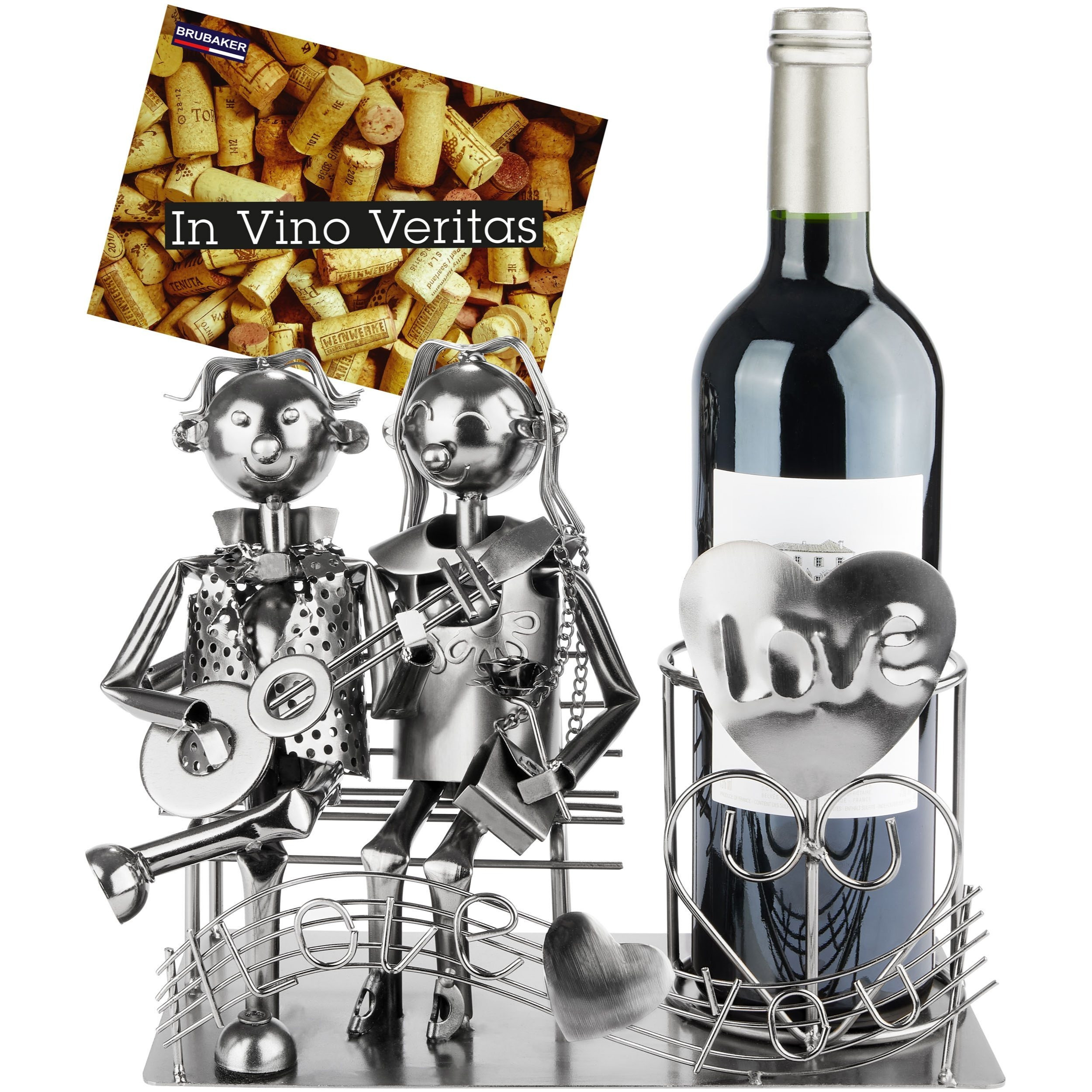 Image of Brubaker Wine Bottle Holder Pair With Guitar On Bench - Metal Sculpture Bottle Holder Pair With Guitar And Music Notes - Wine Gift For Musicians - Bottle Stand With Gift Card