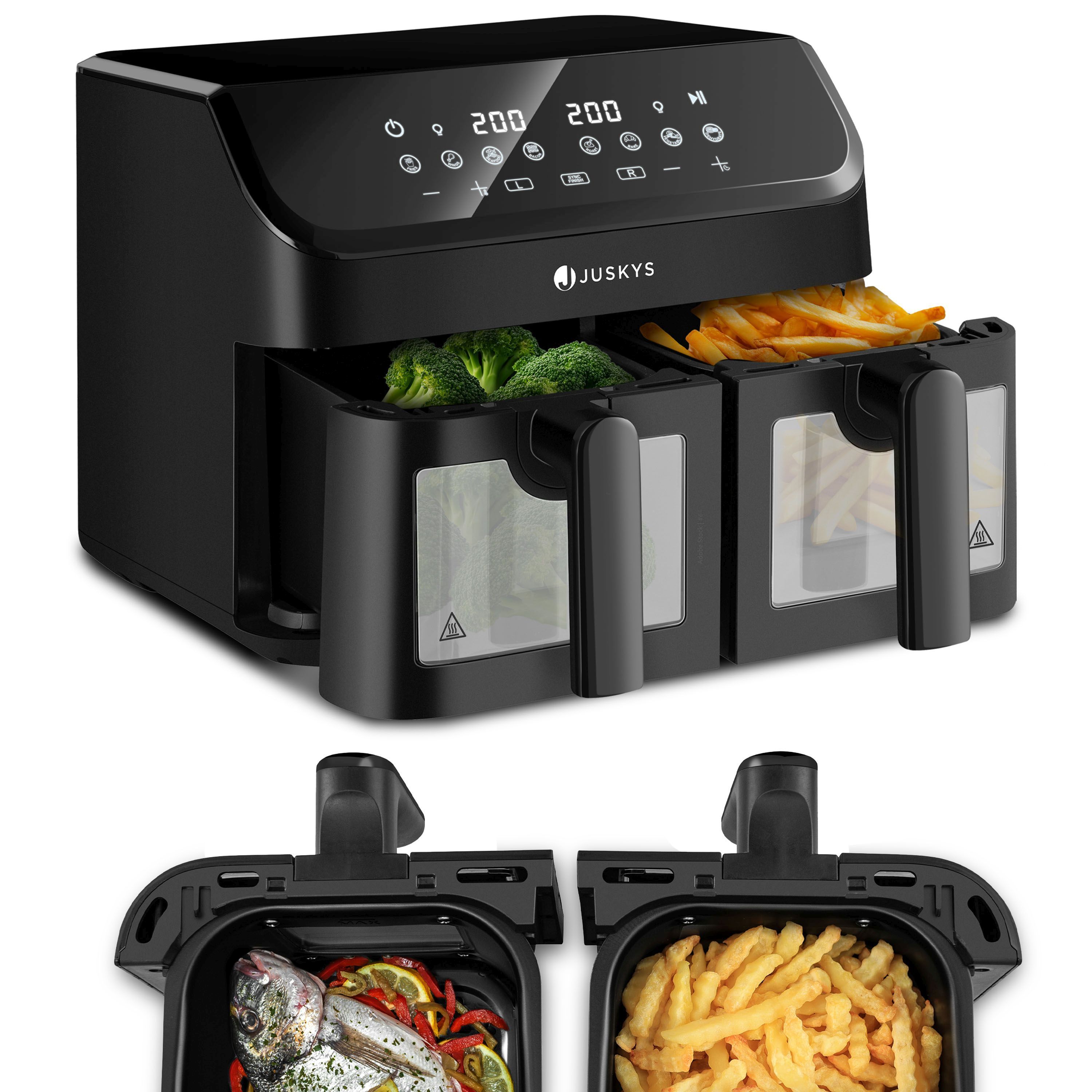 Image of Hot Air Fryer 9l Double Chamber Xxl Fryer With 2 Baskets, 9 Programs, , Coated, Coating, Fat-free Hot , Healthy Frying