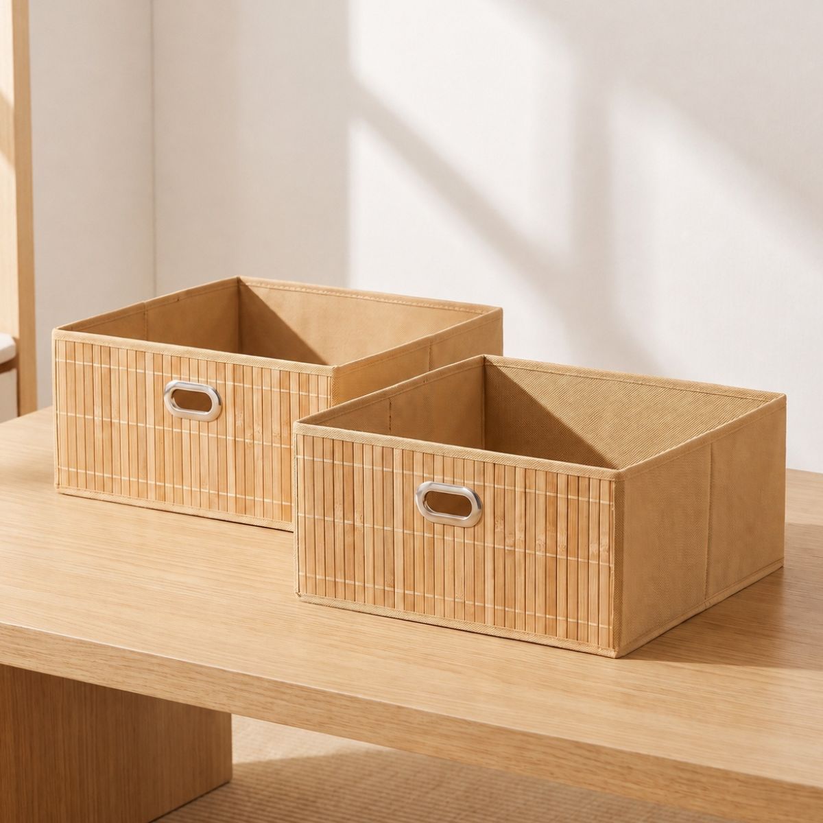 TEMU 2 Pack plegable Organizadora Bambu, Cajas de Almacenamiento Plegables con Panel de Bambú, Cubos Organizadores 31x31x16 cm, Diseño Moderno, Tela