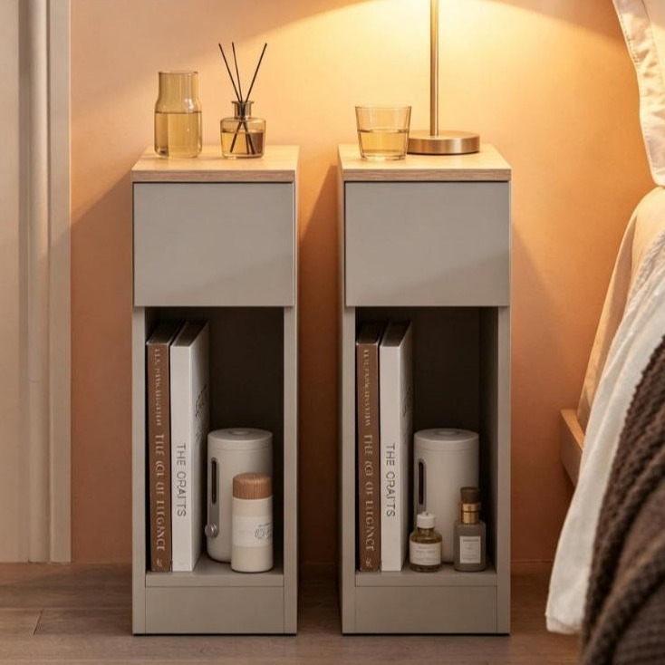 Image of 2-piece Narrow Nightstand Set Of 2 Slim Side Tables With Drawer And Shelf, Sofa End Nightstand For Bedroom, Living Room Storage, Gray, L 20 X W 35 X H 60 Cm - Gcu222-ihy3