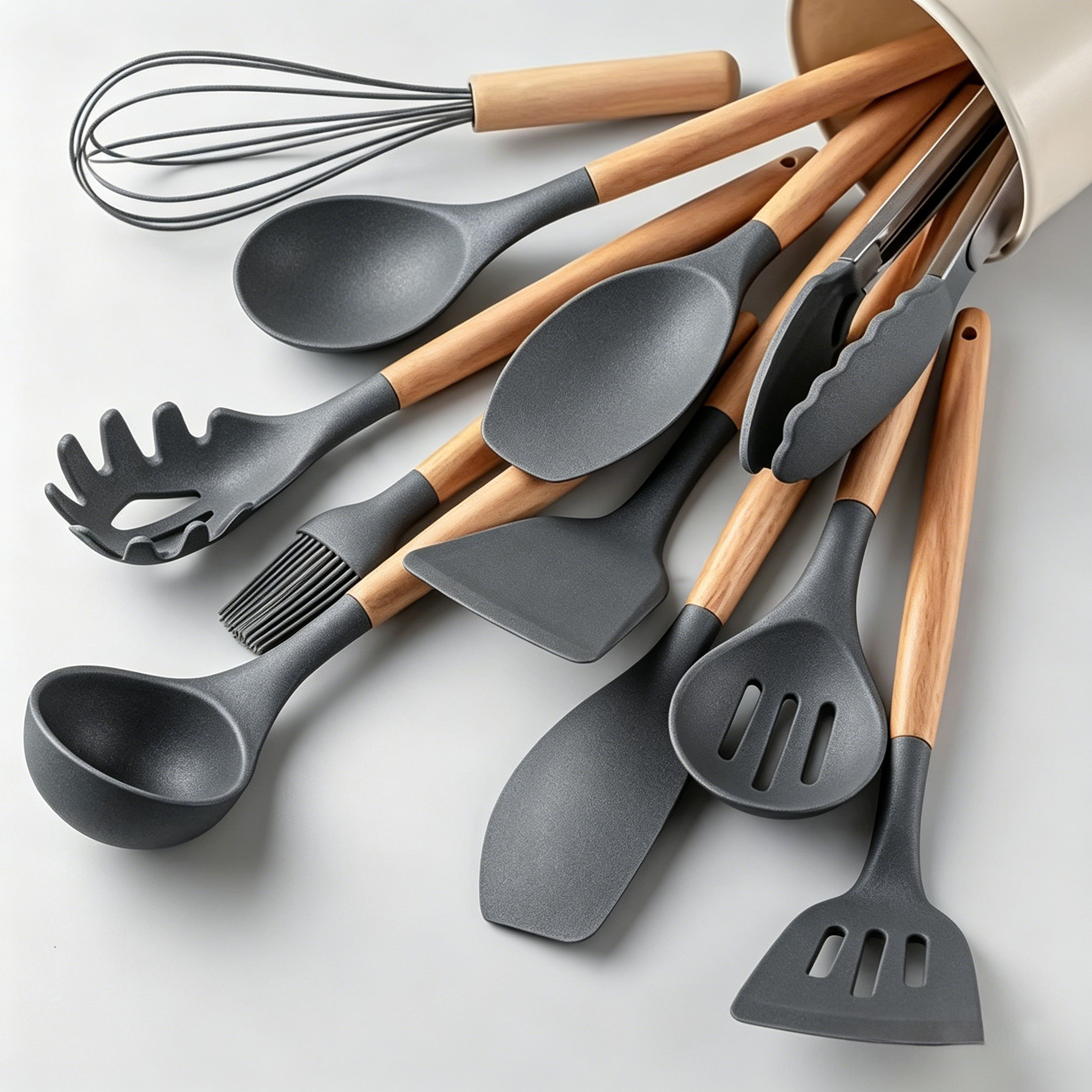 Image of 12‑piece Silicone Kitchen Utensil Set With Holder, Mint Green Cooking Tools With Wooden Handles, Heat‑resistant Non‑scratch Cookware Gadgets For Home Kitchen