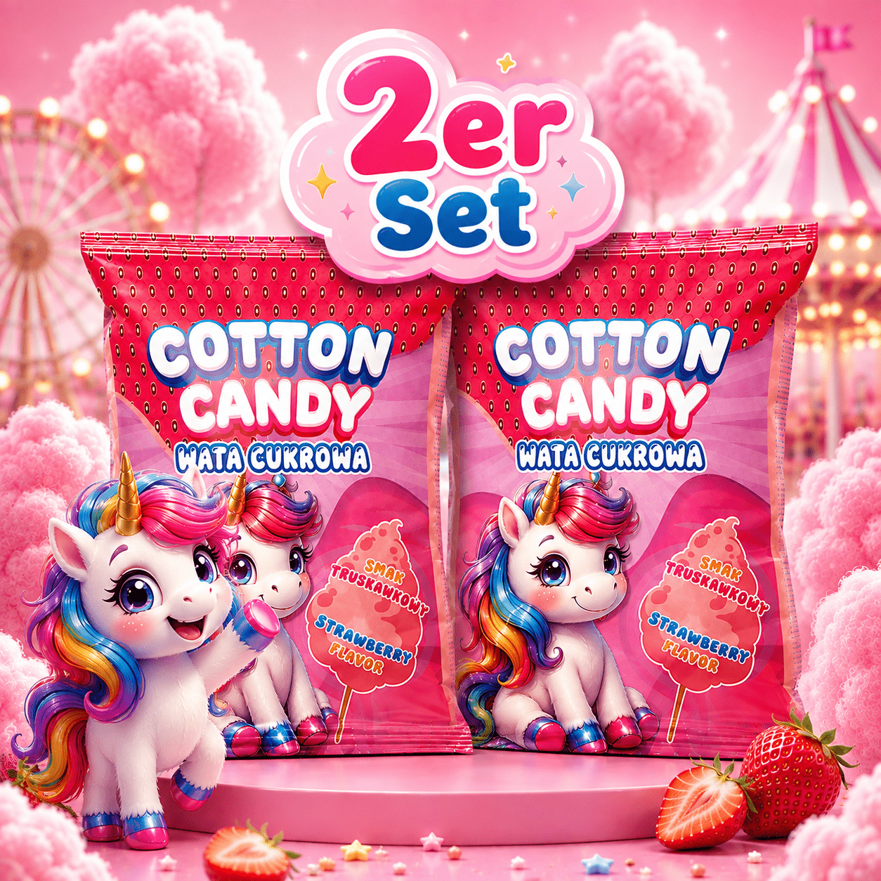 Image of 2nd Set - Strawberry - Candy - Sugar - Strawberry Flavored Candy In A 140g Bag (2x 70g) - Fluffy Sweetness With Fruity Strawberry Aroma - Fairground Candy Snack