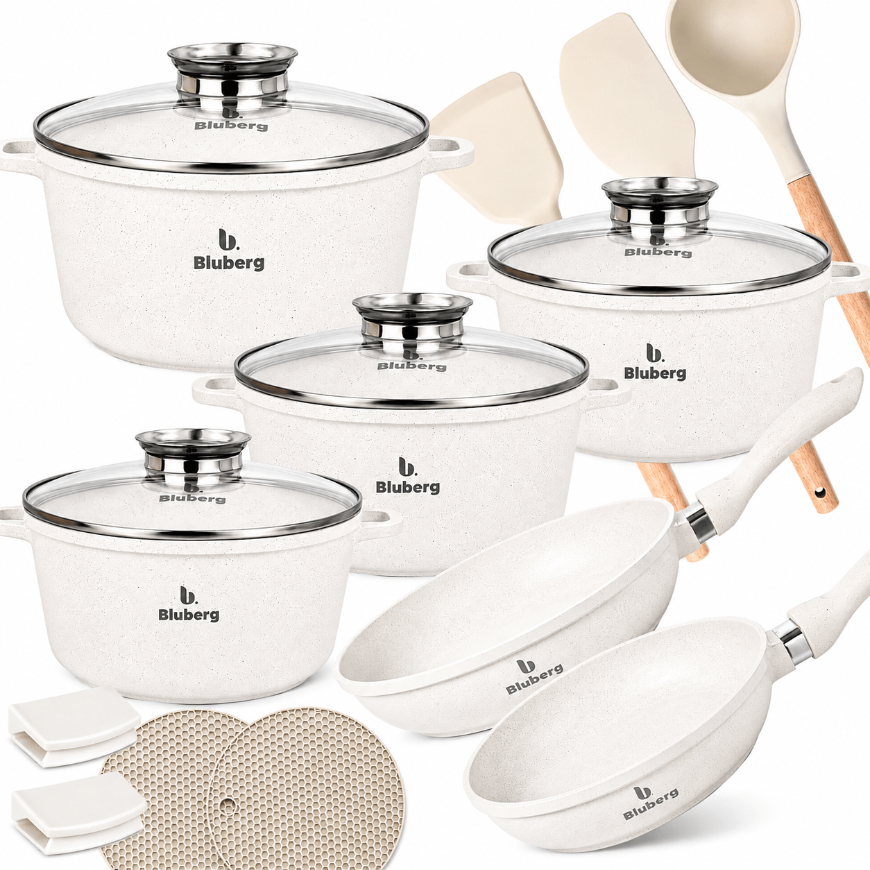 Image of Set Of 17 Marble Kitchen Pots | Cooking And Frying Pot Set | Frying Pans | Induction | Gas | Marble Pot | Ø28 Cm | Kitchen Pot | Frying Pan | Marble Coating | Lids | Bb-2917
