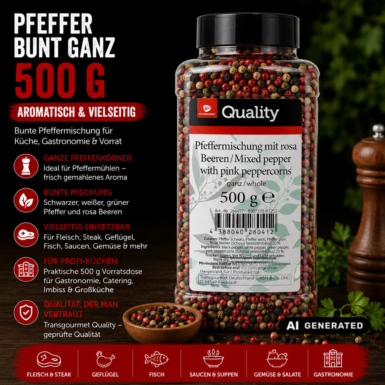 Image of Tgq Bunter Pfeffer Whole 500 G - Aromatic Whole Peppercorns For Pepper Mill, Steak, Meat, Grilling, Sauces, Vegetables, Gastronomy & Kitchen