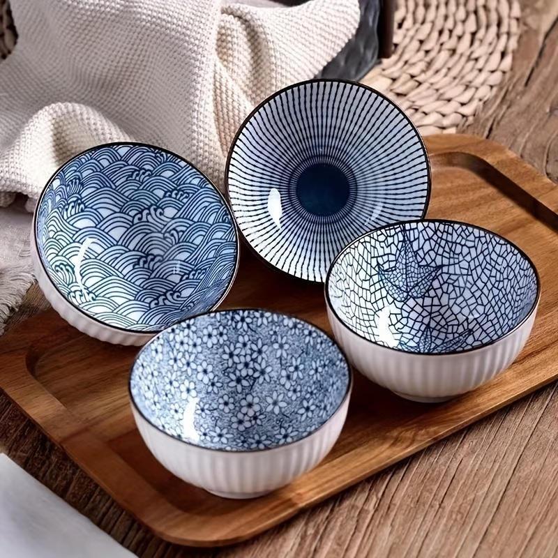 TEMU 5-piece Ceramic Bowl Set (4 Bowls + 1 Spoon), 4.5 Inch / 11.5 Cm Small Rice Bowls, Elegant Round Porcelain With Delicate Patterns, Durable