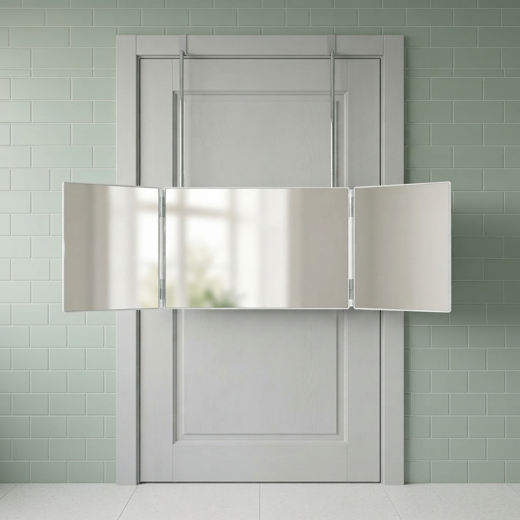 Image of 3 Way Foldable Trifold Mirror, Hd Distortion-free Glass Grooming Mirror With Adjustable Stainless Steel Hooks, No-drill Door Hanging & Portable Travel Makeup Mirror For Haircutting & Shaving