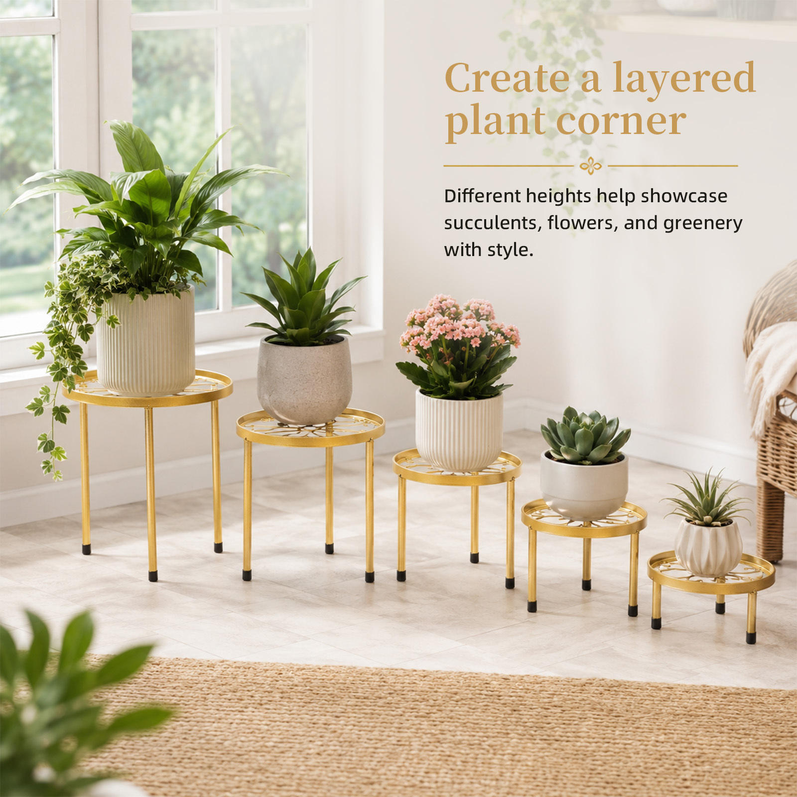 Image of 5pcs Set Of Golden-colored Metal Plant Stands - Rust-resistant, Round, , And Multifunctional; Suitable For Indoor And Outdoor Use; Ideal For Decorating Living Rooms, , Gardens, And More.