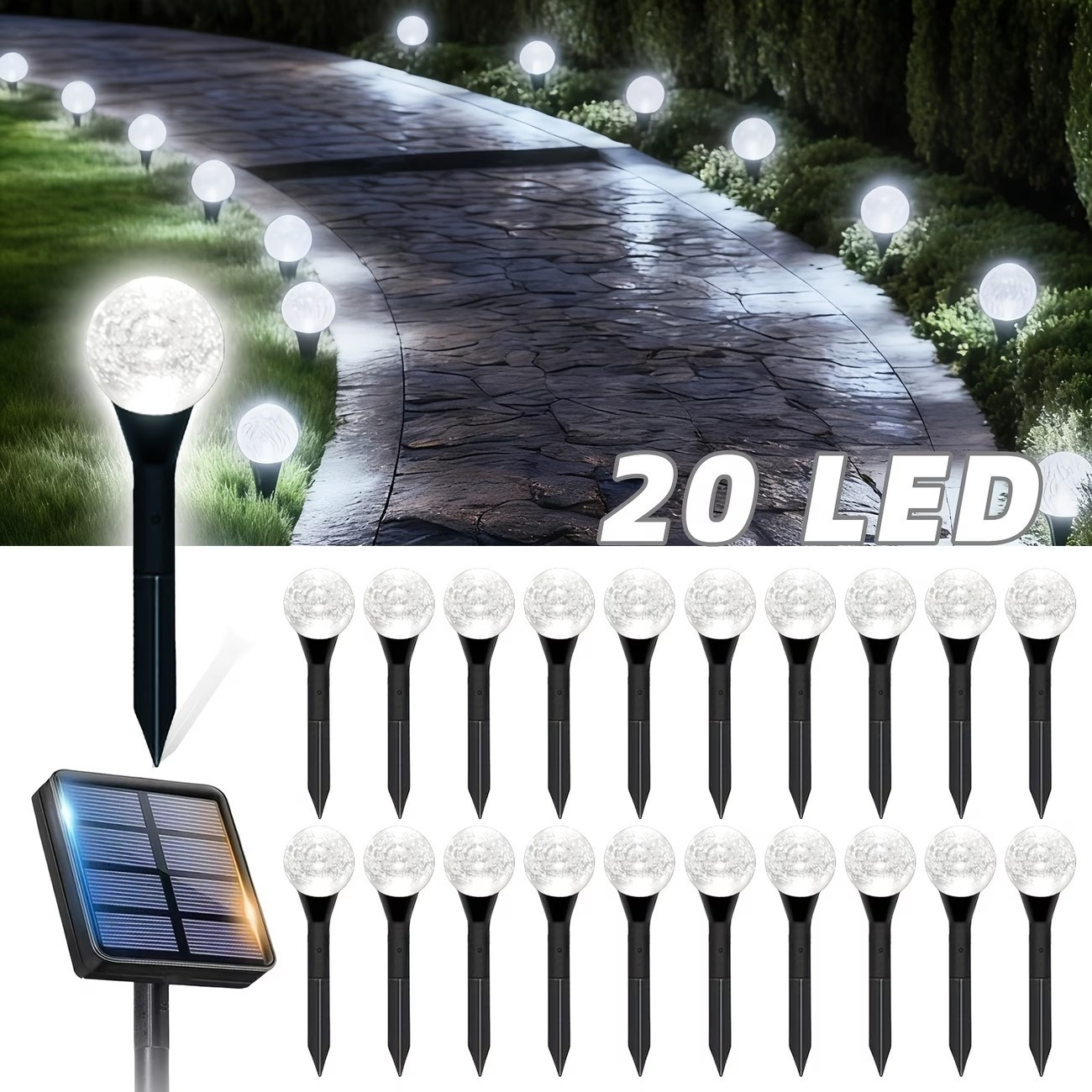 TEMU 20led Solar Garden Crystal Lights, Outdoor Lawn Lights With 8 Lighting , Daytime Auto-off And Night-on For Summer, Camping, Christmas, Wedding,