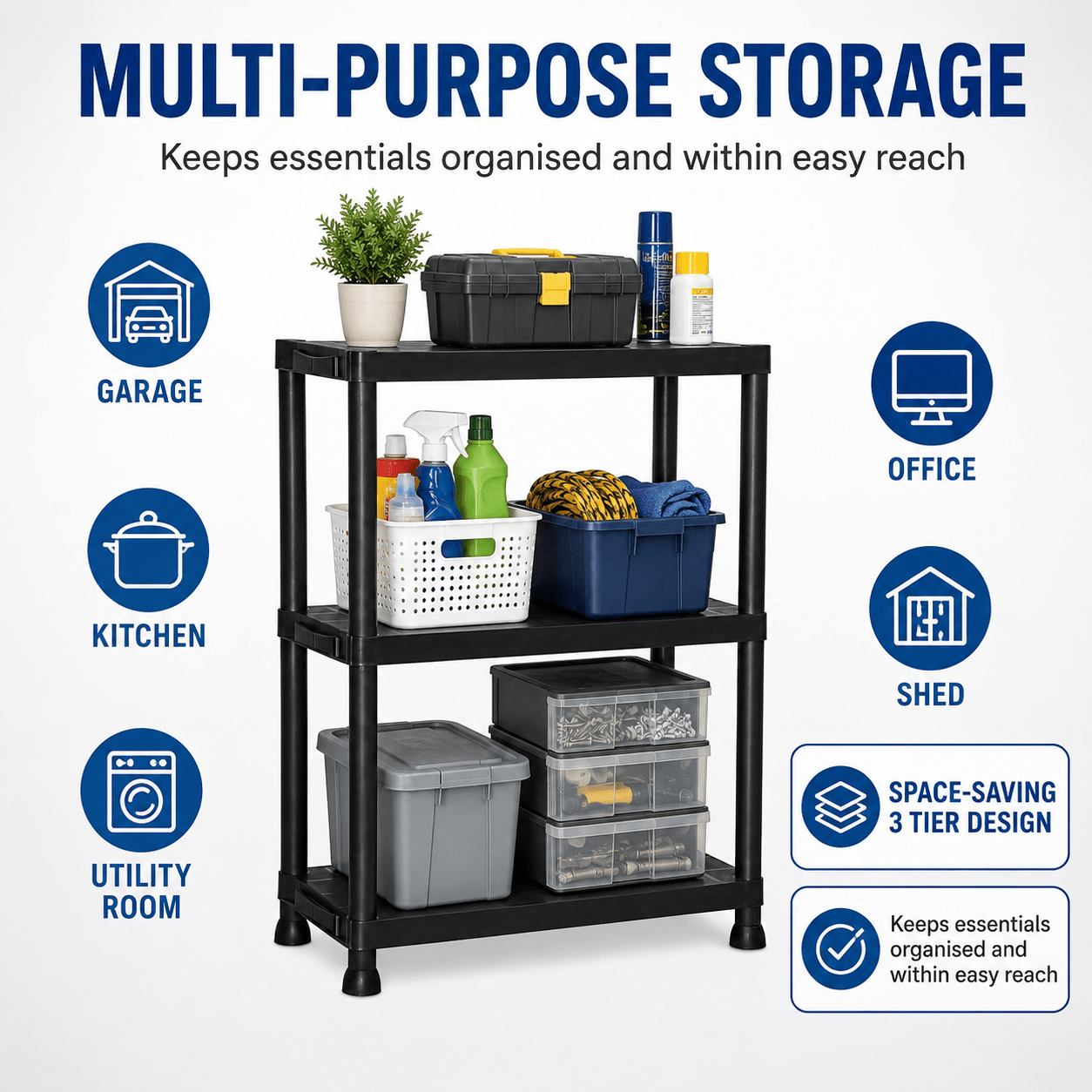 2 Tier Heavy Duty Plastic Shelving Unit for Garage Storage