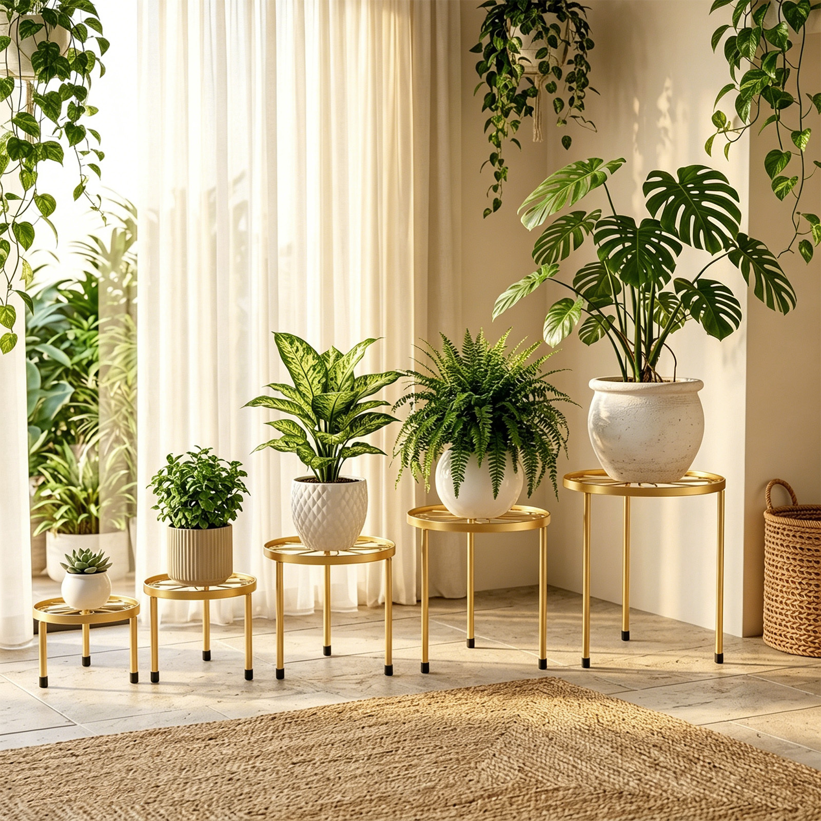TEMU Set Of 5 Golden Metal Plant Stands, Rust-resistant Round, Heavy-duty, Multifunctional, Suitable For Indoor And Outdoor Use, Ideal For Decorating