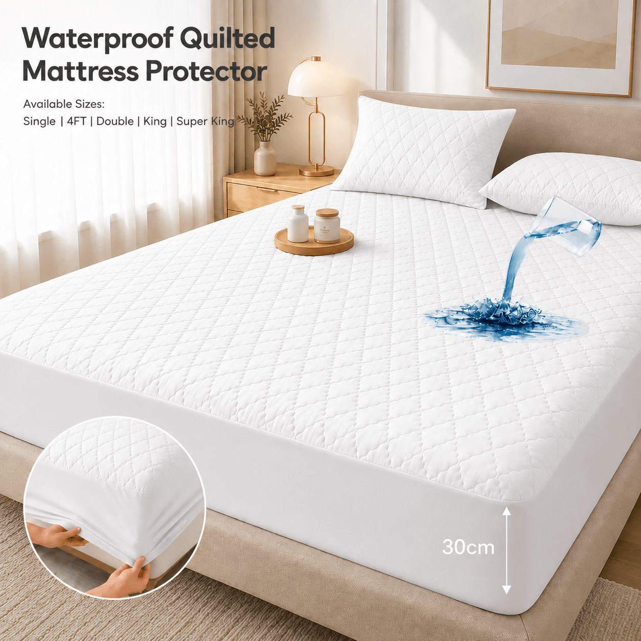 TEMU Premium Waterproof Mattress Cover - Reusable Mattress Protector With Solid Color Quilted Stitching | Soft, Durable And Breathable Fabric |