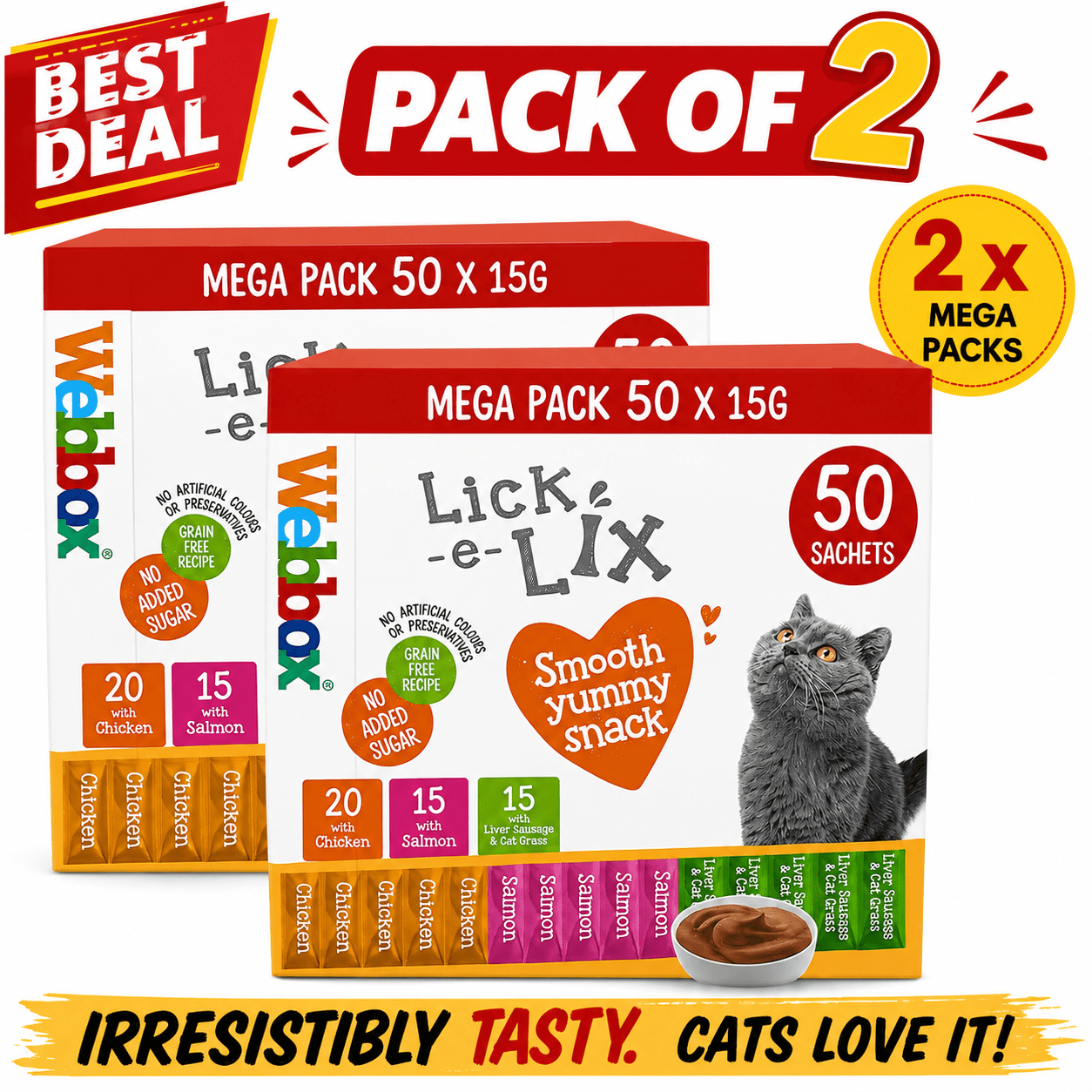 TEMU Webbox Lick- Cat Treat Mega Pack Chicken & Salmon 15g (pack Of 100) | 2 X 50 Sachets | Creamy Lickable Cat Treats