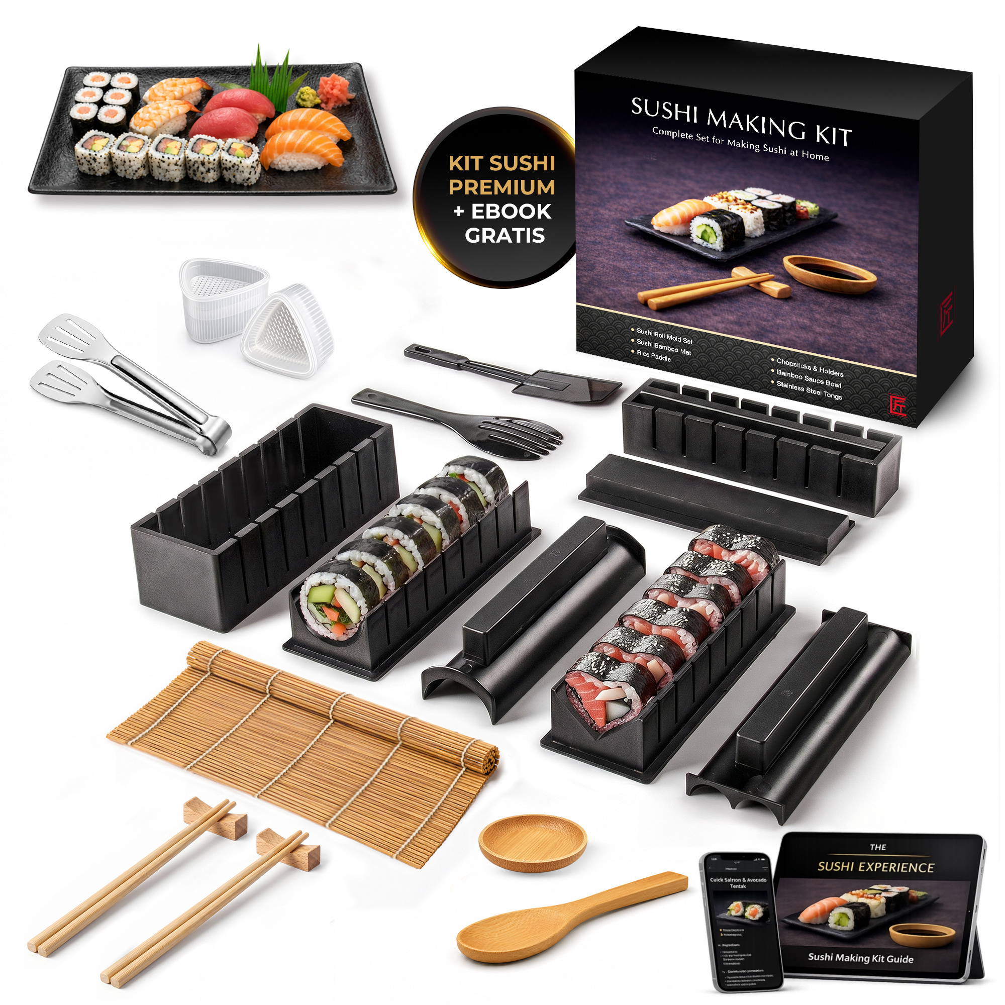 TEMU Kit de Sushi Completo 22 Piezas Three Stars - con eBook de Recetas Japonesas, Moldes para Maki, y , Sushi Maker Fácil para Principiantes, Juego
