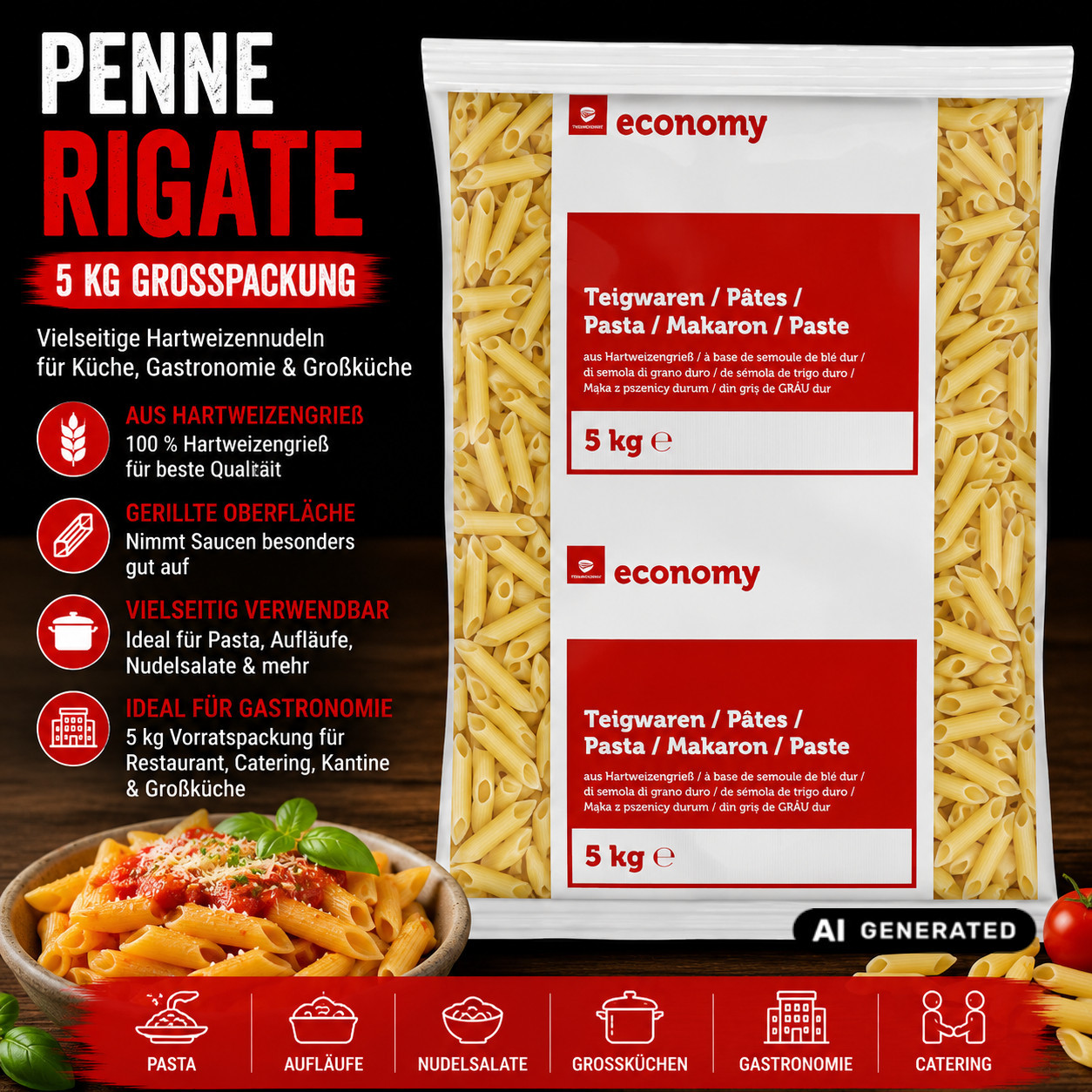 Image of Tge Penne Rigate 5 Kg Bulk Pack – 100% Durum Wheat Semolina, Ridged Tube Pasta For Pasta Dishes, Casseroles & Pasta Salads, Commercial Pasta For Restaurants, Catering, Canteens & Large Kitchens