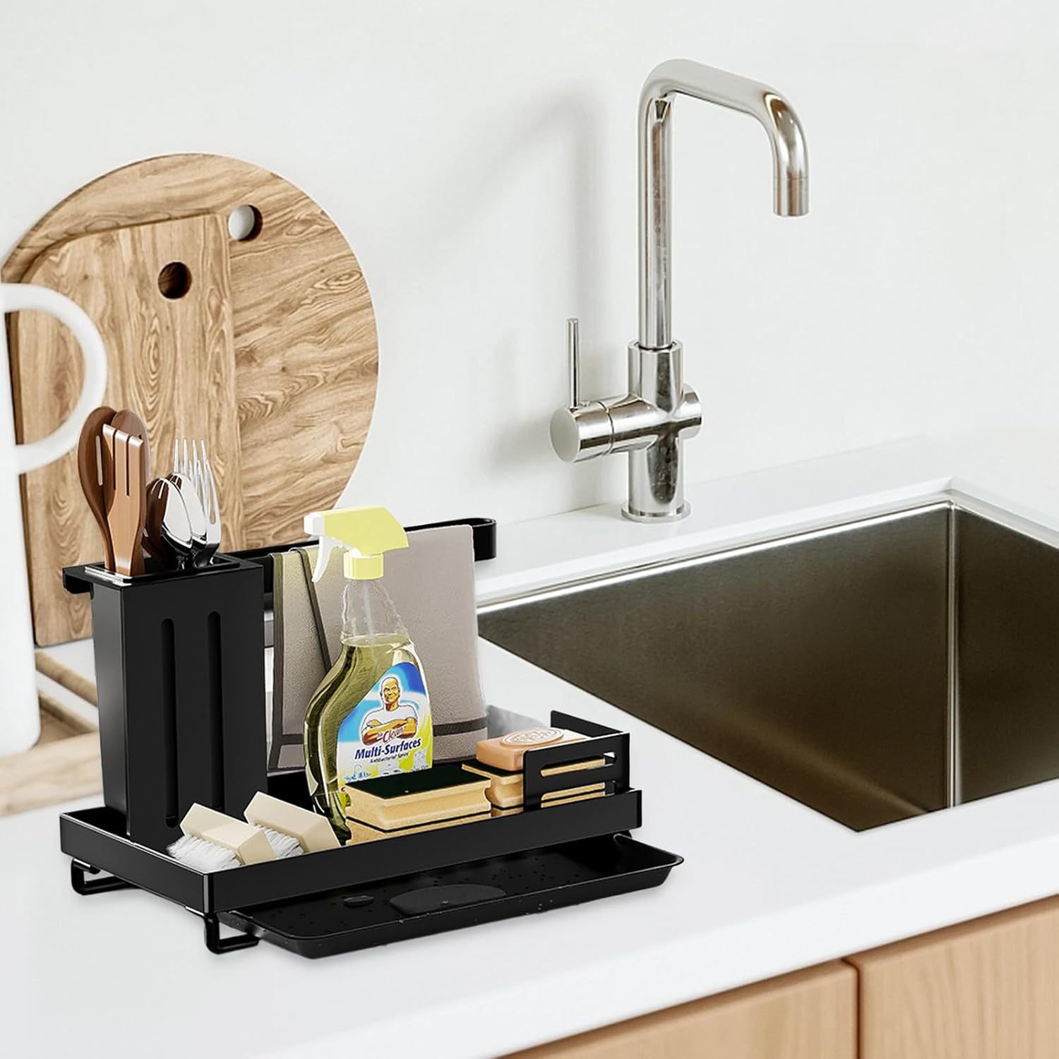 Image of Sink Organizer With Drain Tray, Sponge Holder, Dish Brush Holder, Kitchen Organizer For Sink