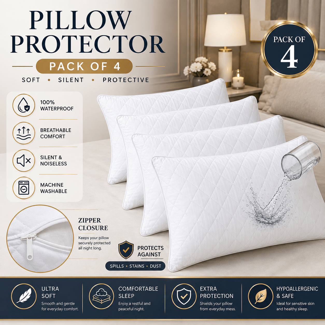 TEMU 4pc Waterproof Pillow Cover - Reusable Pillow Protectors With Solid Color Quilted Stitching | Soft, Durable And Breathable Fabric | Zipper