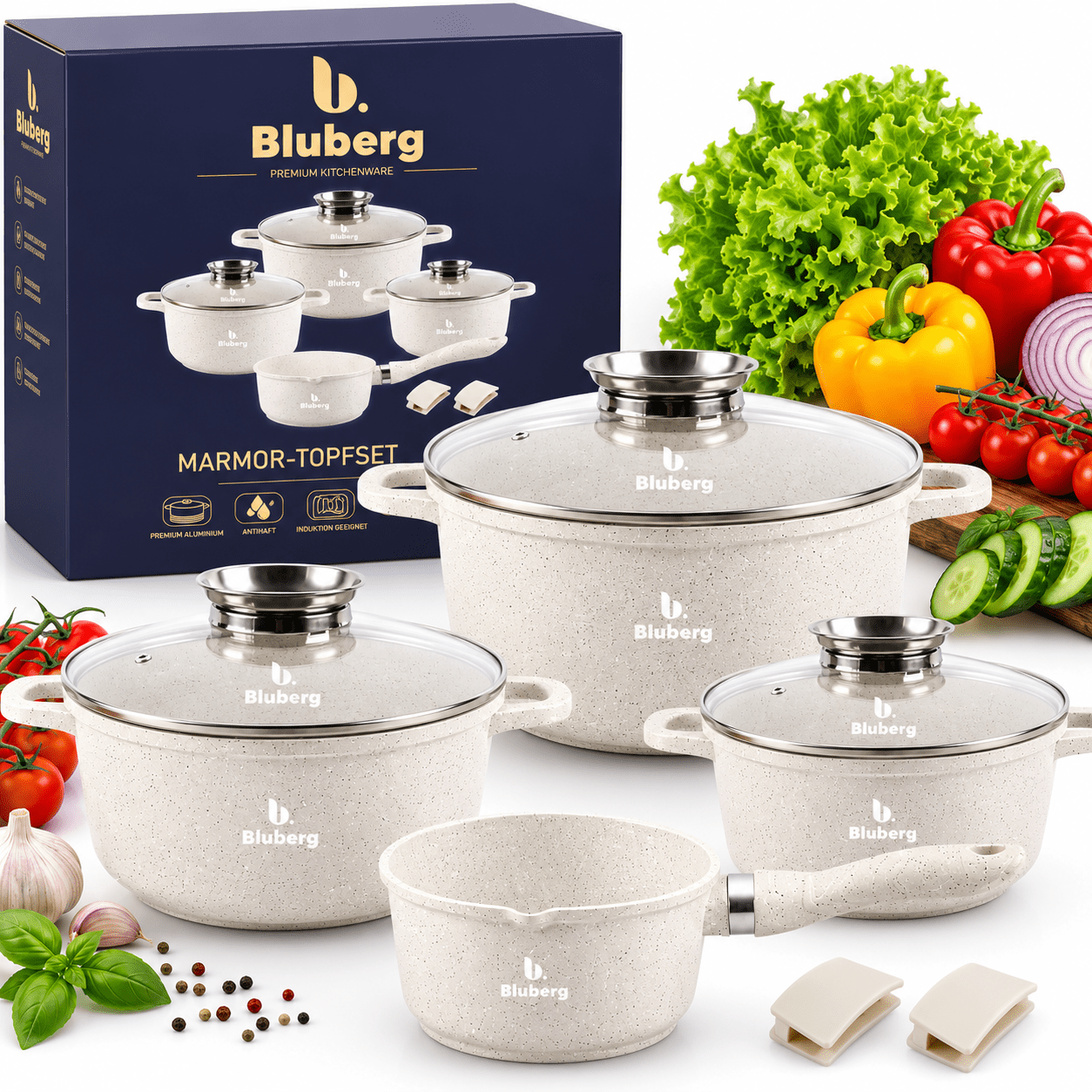Image of Marble Kitchen Cookware Set, 9-piece | Complete Cooking Pot Set | Saucepan For Induction And Gas | Kitchen Pot | Dishwasher Safe | Marble Coating | Lids Included | Gift-ready Cookware Set | Bb-2911