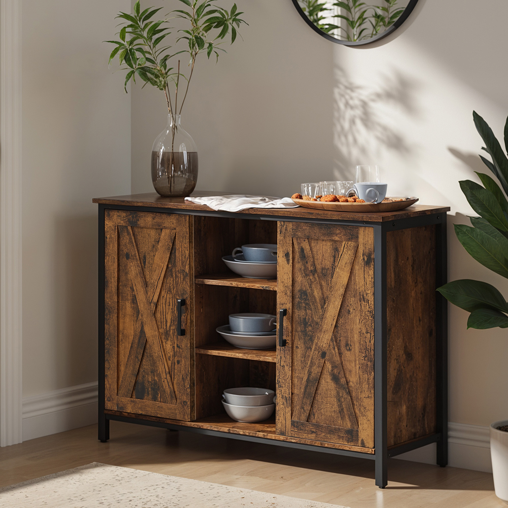 TEMU Industrial Dresser Storage Cabinet With Sliding Doors, 100 X 35 X 70 Cm, Rustic Brown And Black