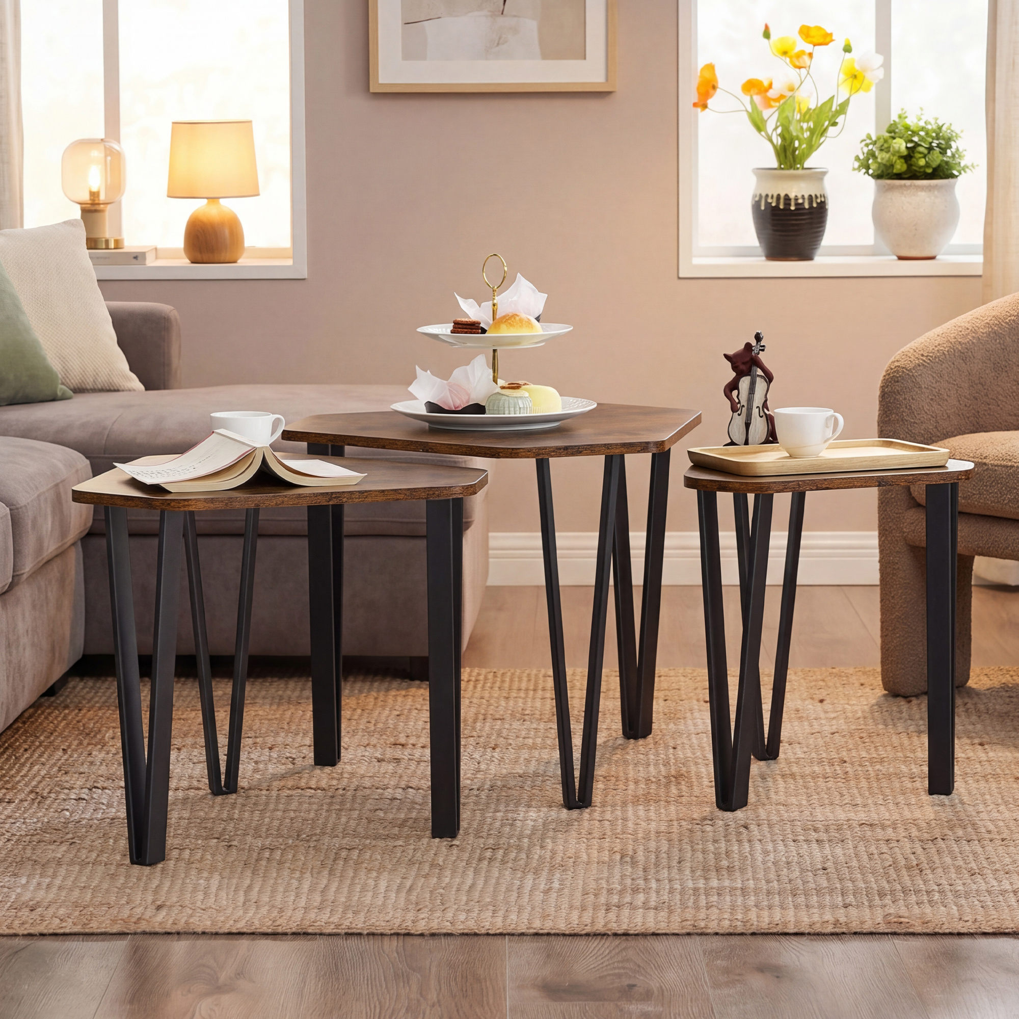 TEMU Set van 3 salontafels, hout en staal, industriële stijl, 58,5 x 58,5 x 45,4 cm, en zwart