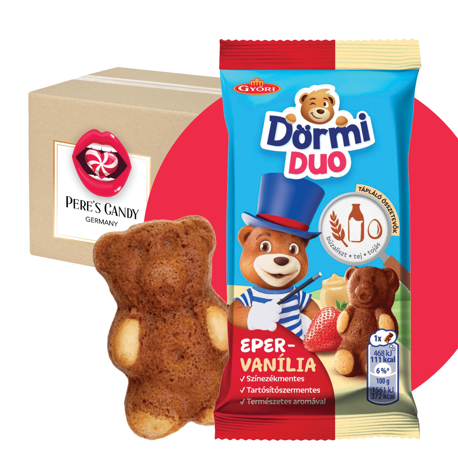 Image of 48-pack - Dormi - Strawberry & Vanilla - Counter Display - Bear-shaped Sponge Cake With Strawberry-vanilla Filling 48 X 30g (1440g)