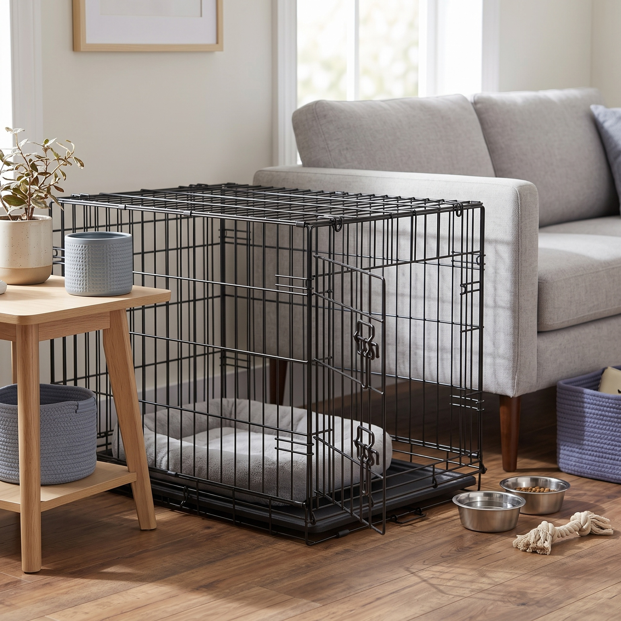 Image of Foldable Dog Crate With 1 Door And Plastic Tray For Small Dogs, Black