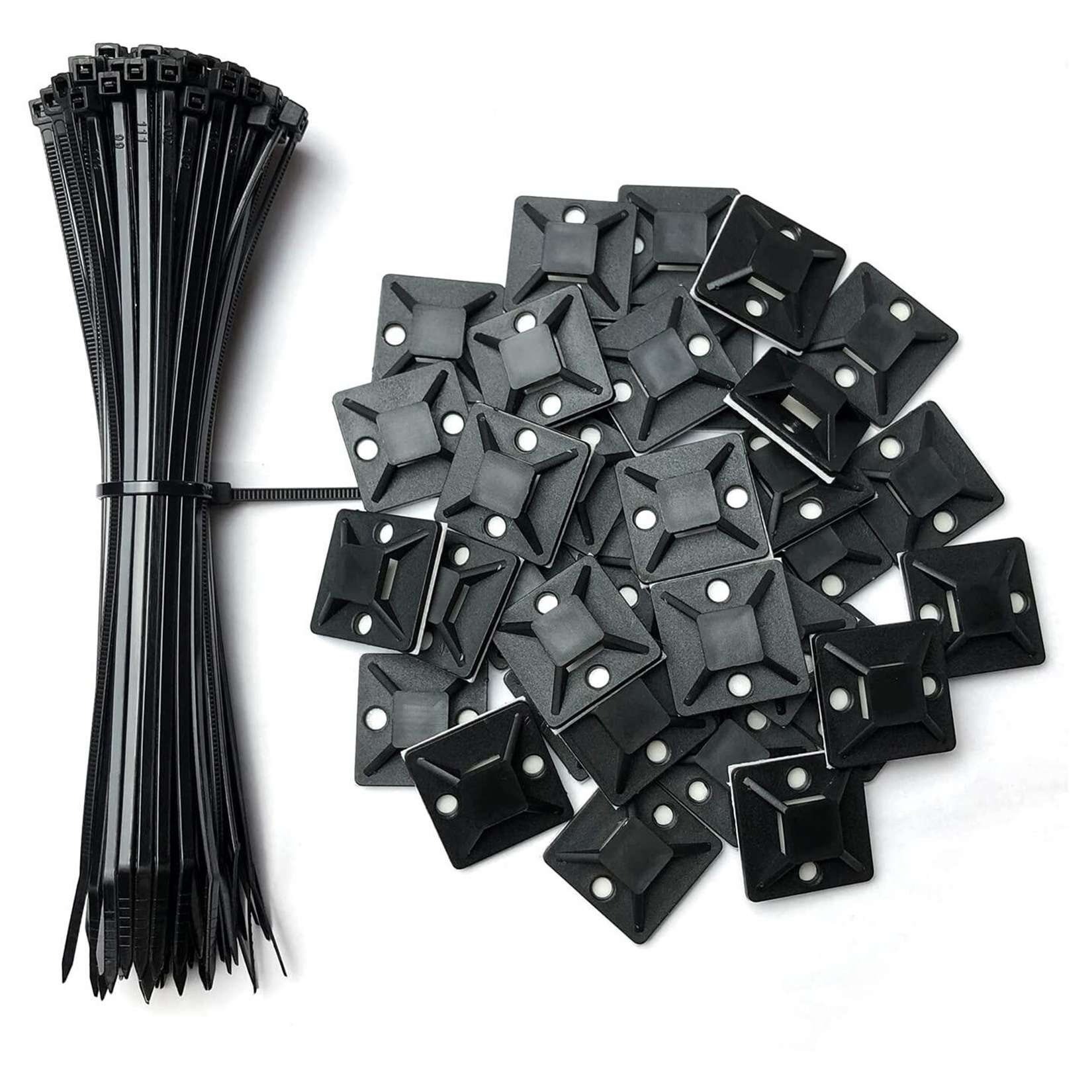 100 Pack Black Nylon Cable Zip Ties with Adhesive Holders