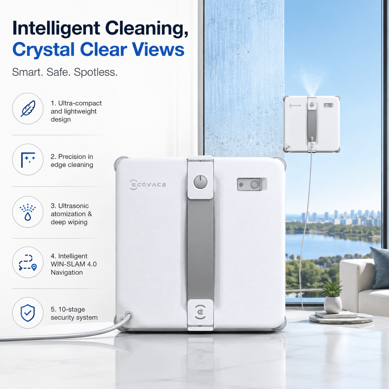 Ecovacs Mini 2 Window Cleaning Robot With Corner Brushes & Ultrasonic Atomization, & Light For Narrow Windows, Smart Navigation, 6 App , 10-stage Safety System