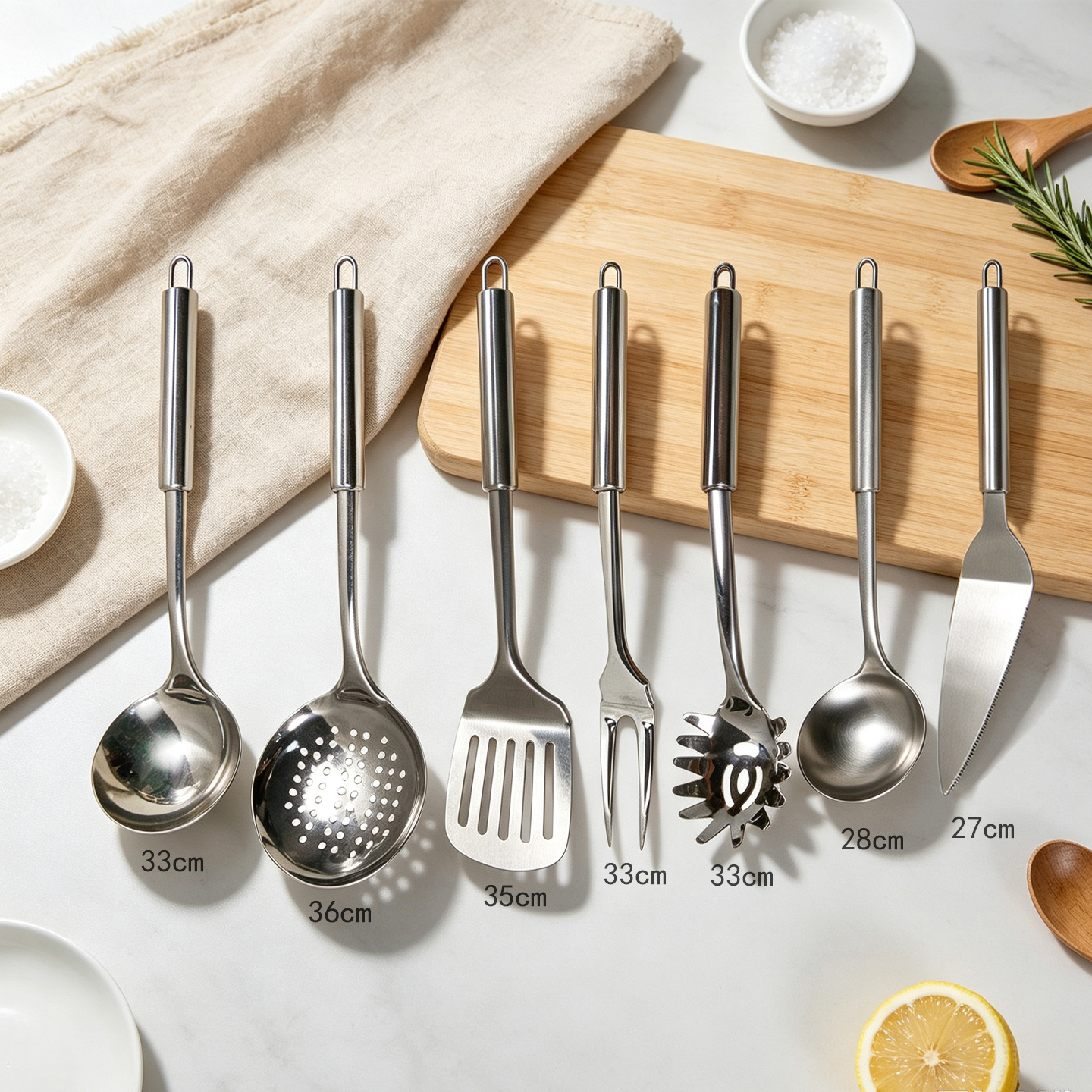 TEMU Juego 7 Utensilios de Cocina Mango Tubular de Acero Inoxidable, Cucharas, Espumadera, Espátula, Tenedor, Pala