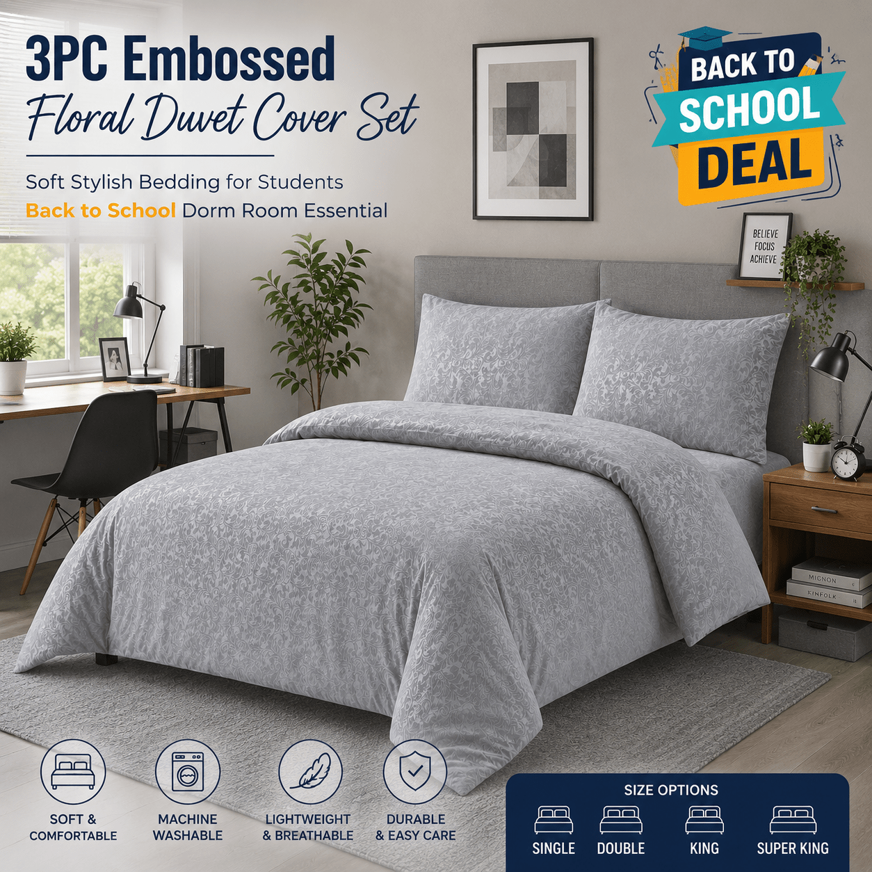 TEMU 3pcs Embossed Floral Duvet Cover Set, Soft Stylish Bedding For Students, Machine Washable Bed Set, Dorm Room Essential, Back To School Bedding,