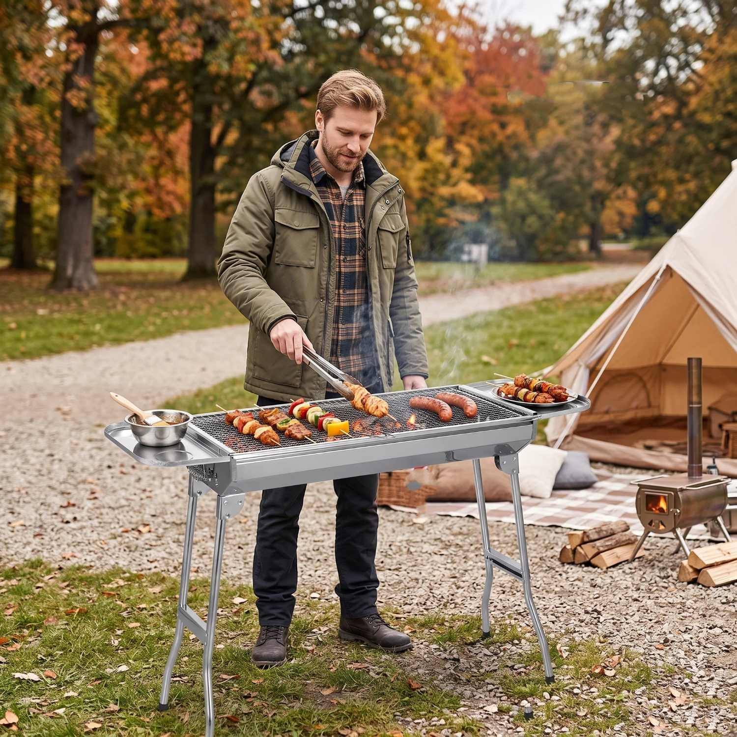 Image of Stainless Steel Folding Charcoal Grill, Camping Grill 74 X 33.5 X 71.5 Cm | Outdoor Portable Charcoal Grill For Outdoor Use