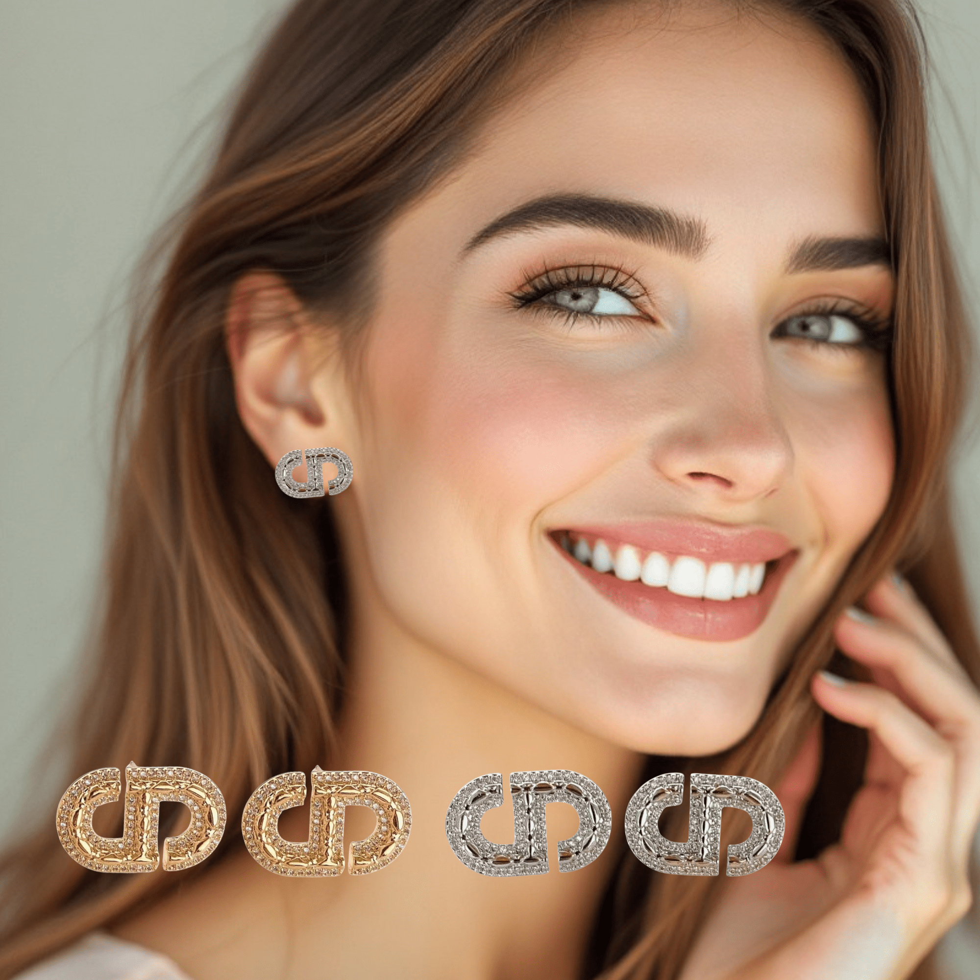 Geometric D-Shaped Pavé Stud Earrings with AAAAA Cubic Zirconia