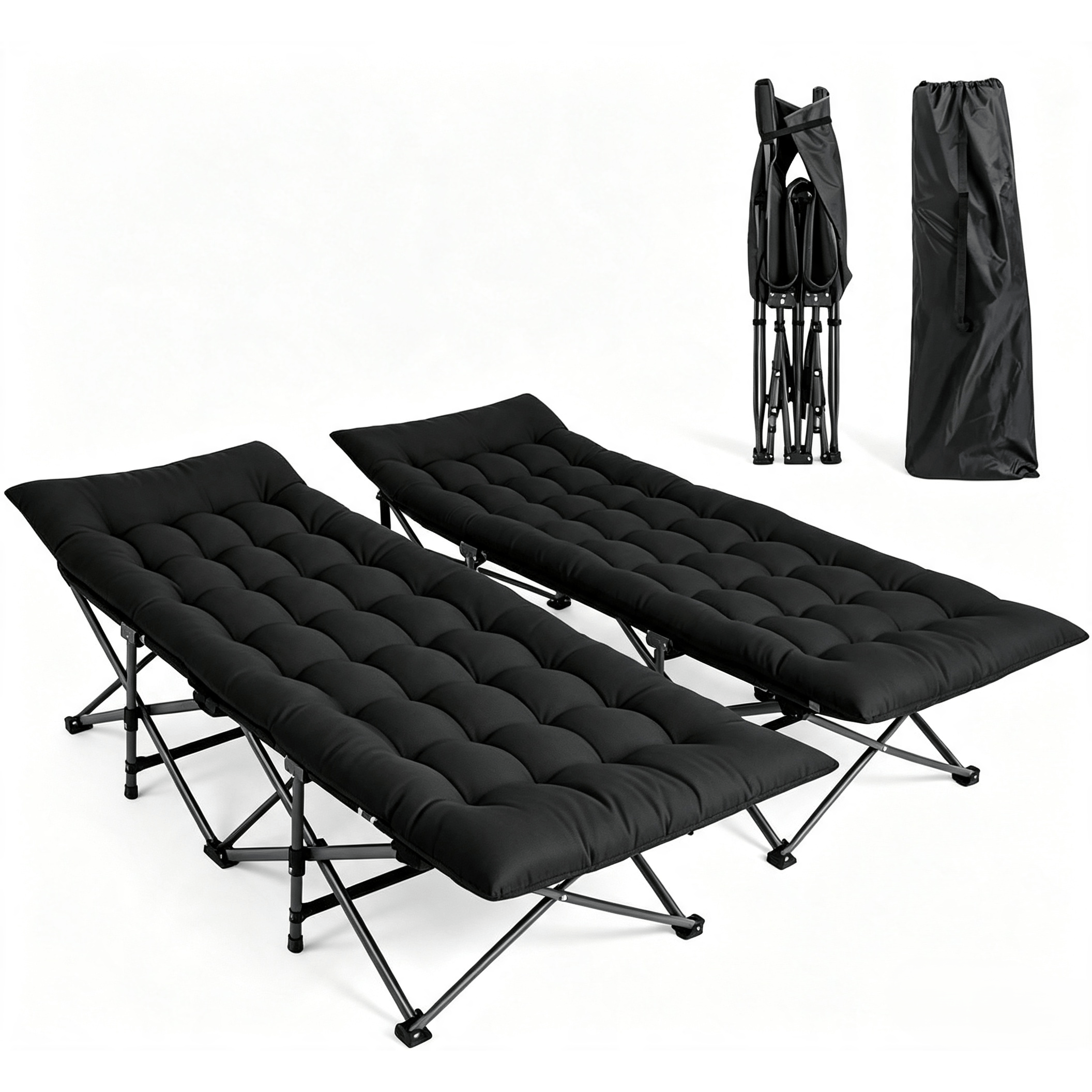 Image of 2-piece Foldable Camping Cot For Adults With Mattress And Pillow, 1200d Oxford Fabric, Black, Suitable For Guests, Travel, And Hiking