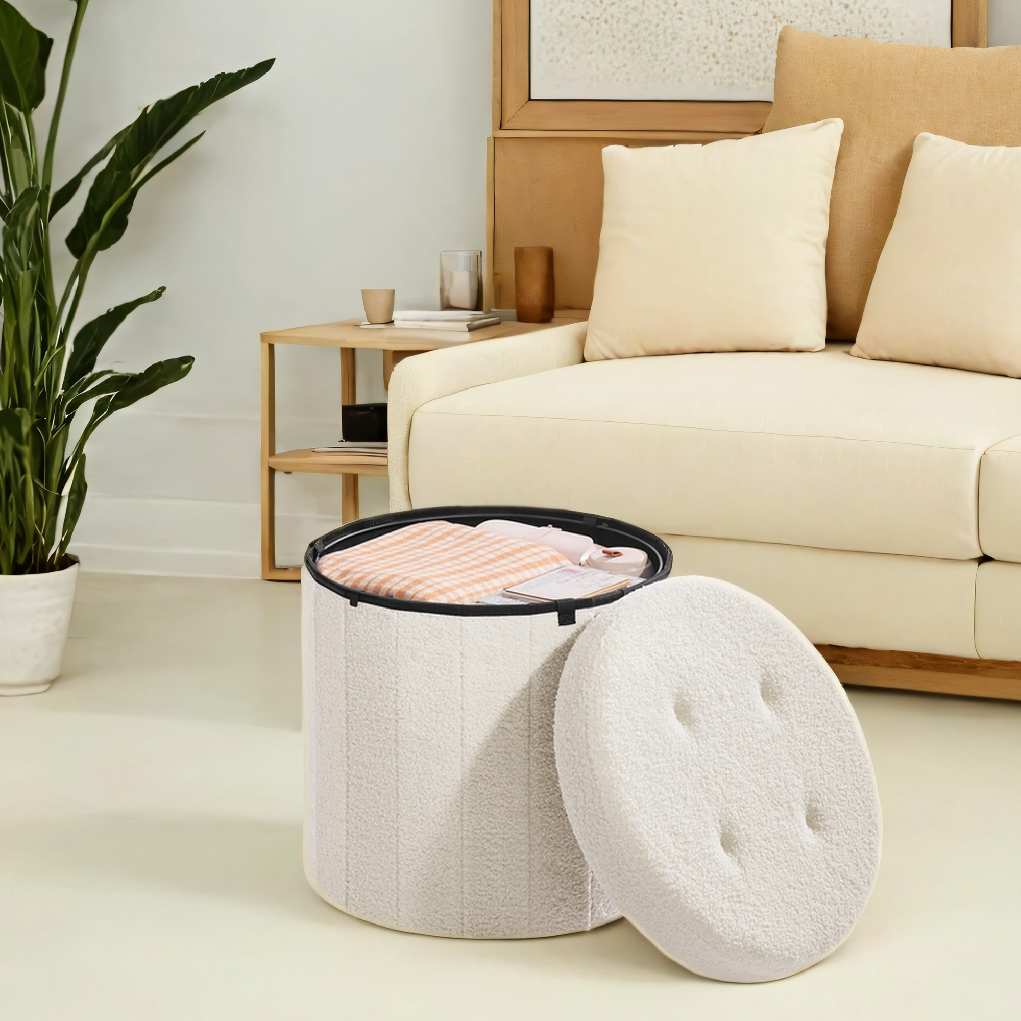 Image of Round Storage Stool With Teddy Fleece, 65 L, Foldable, 47 X , Cream White