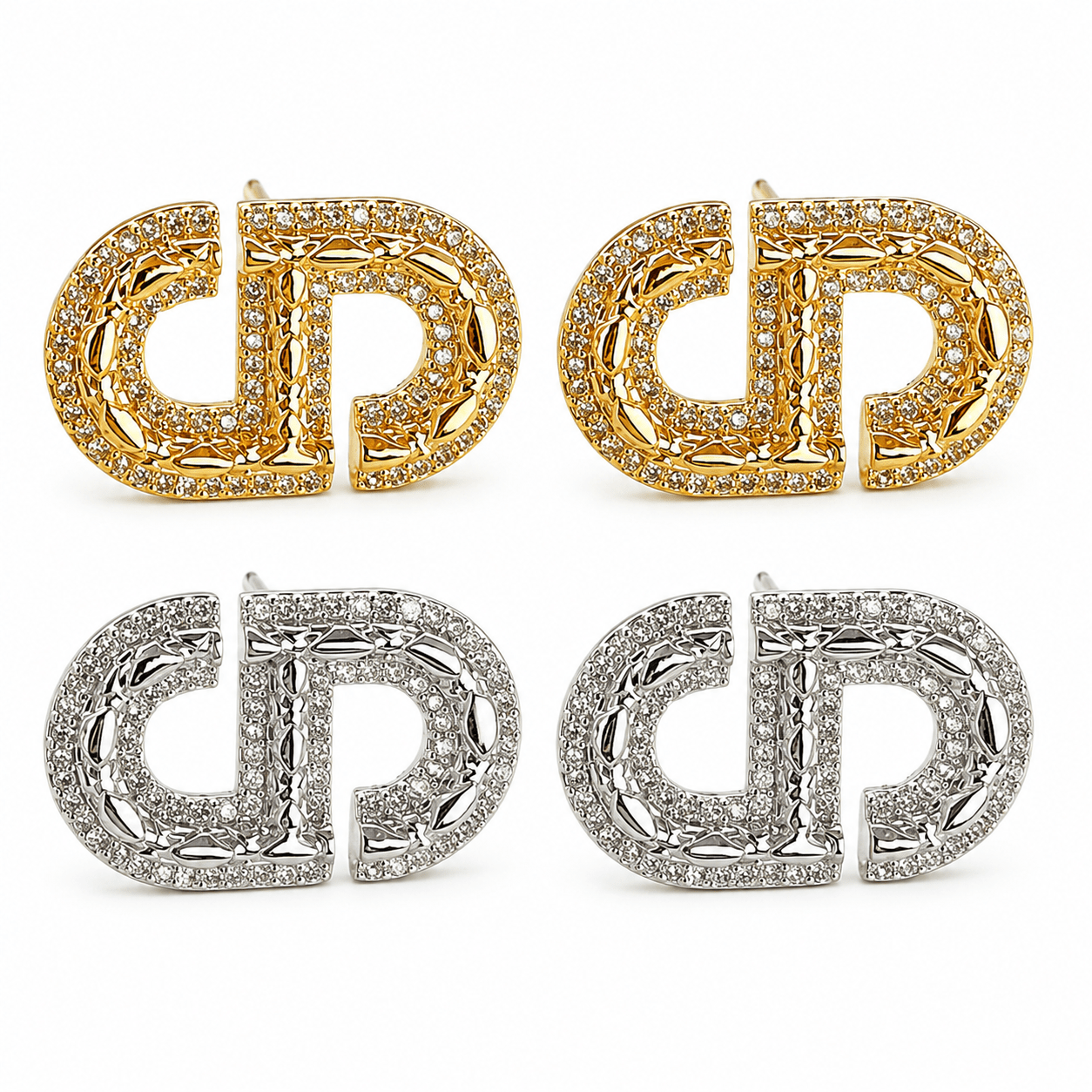 Geometric D-Shaped Pavé Stud Earrings with AAAAA Cubic Zirconia