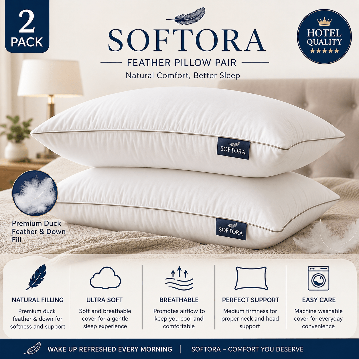 TEMU Softora 2 Pack Duck Feather & Down Pillows – Soft, Breathable & Supportive Hotel Quality Bed Pillows