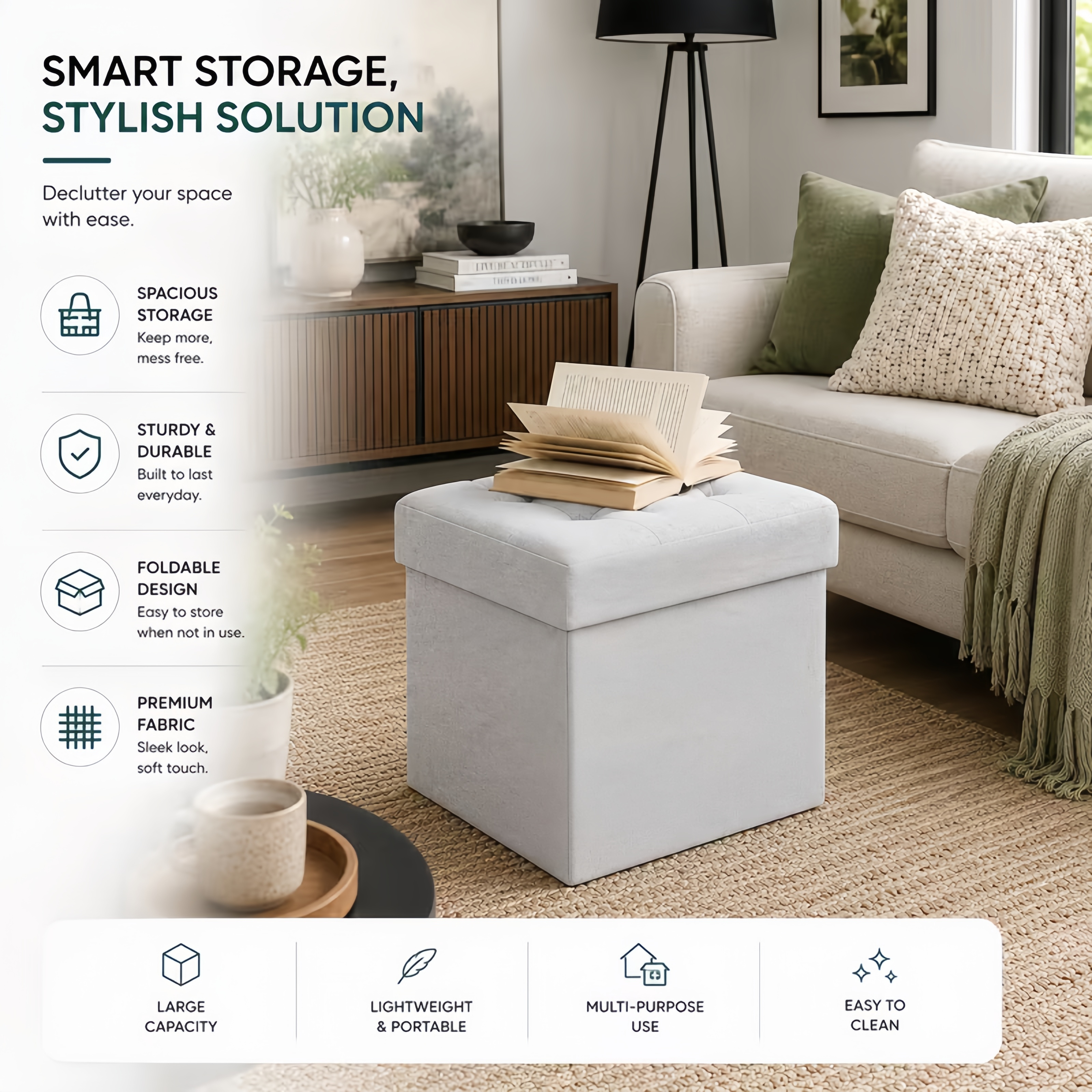 Large Capacity Folding Storage Stool for Living Rooms