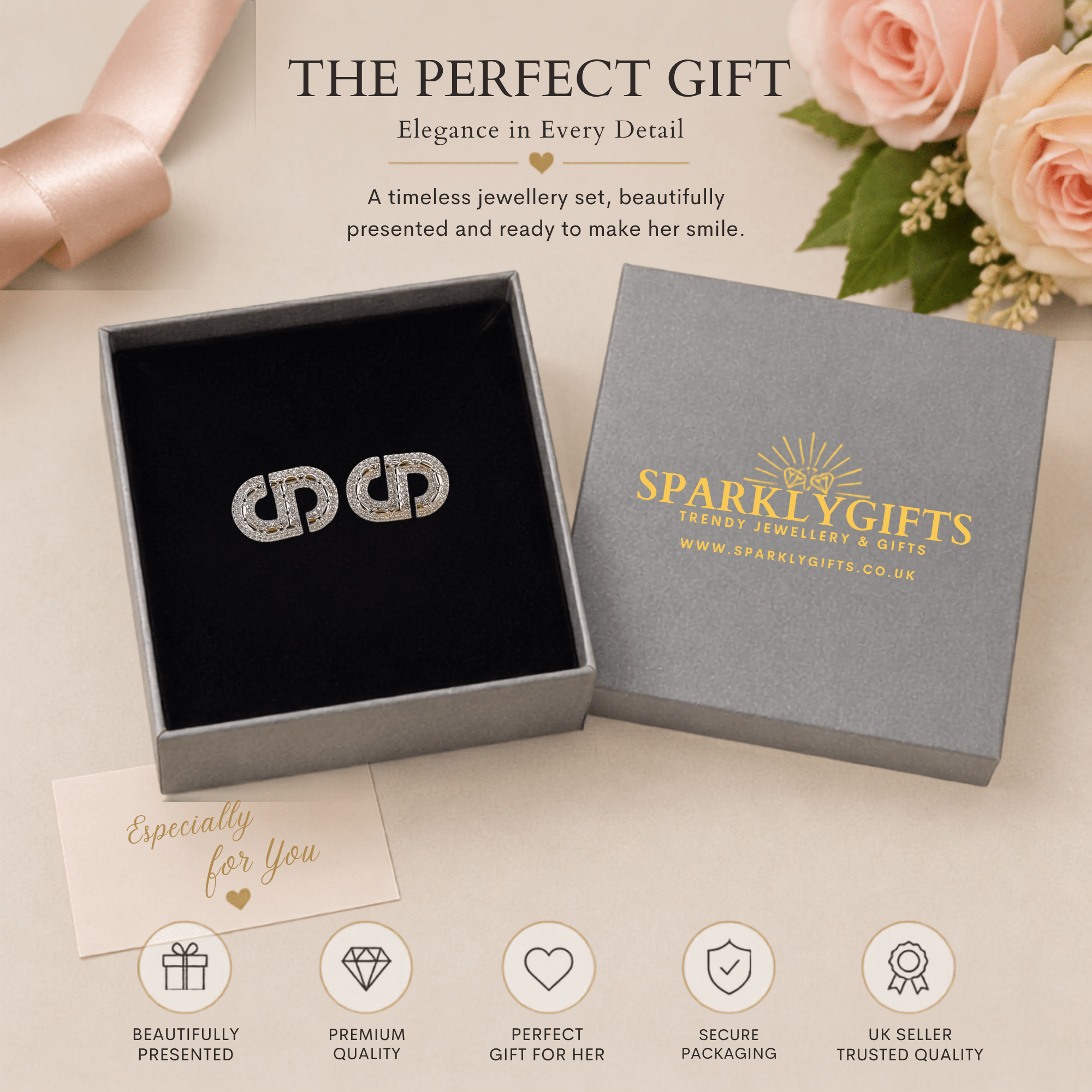 Geometric D-Shaped Pavé Stud Earrings with AAAAA Cubic Zirconia