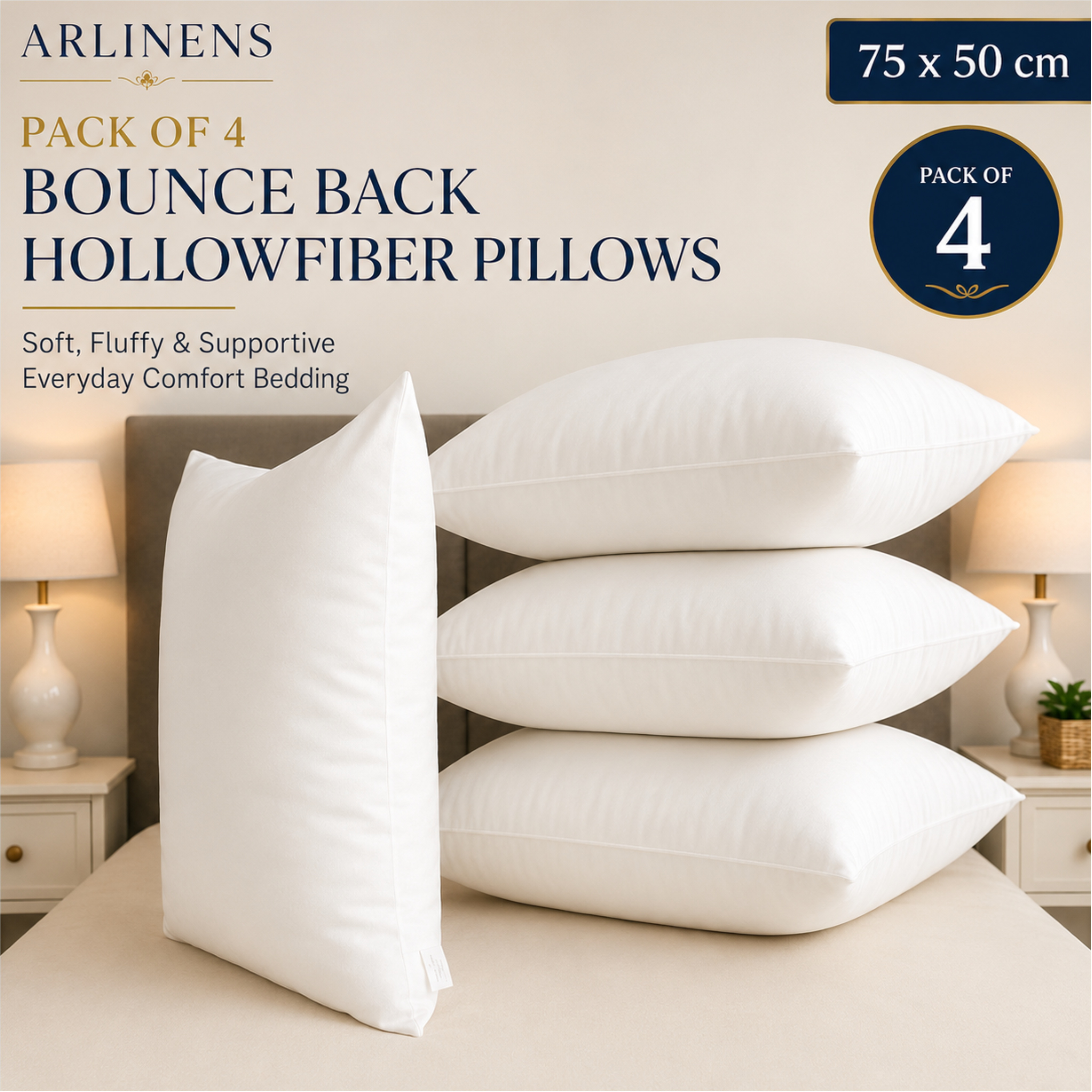 TEMU Pack Of 4 Bounce Back Hollowfiber Pillows Soft, Fluffy & Supportive Everyday Bedding, 75x50cm