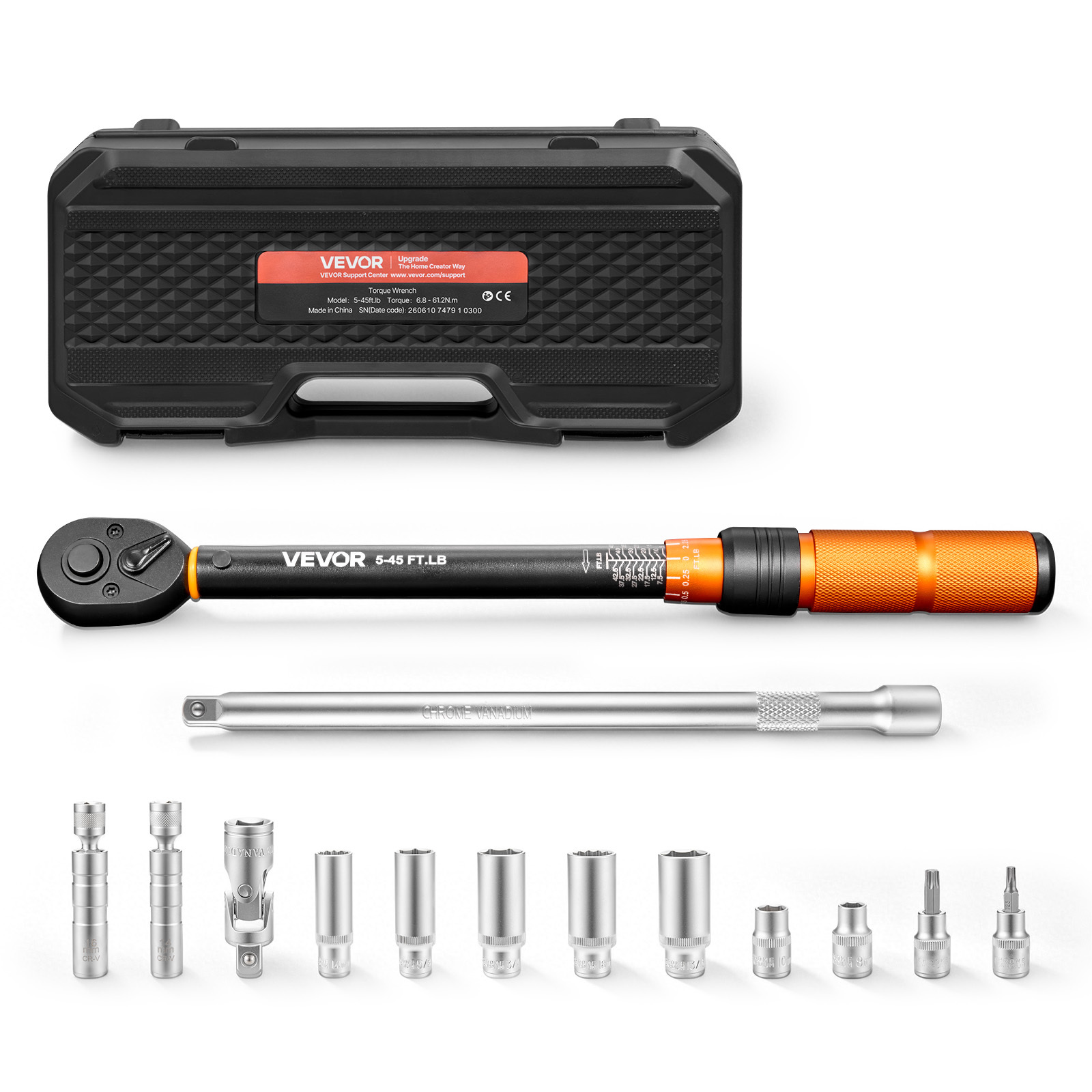 Image of Vevor Torque Wrench 3/8-inch Torque Wrench Dual Scale Readings, 5-45 Lbf-ft / 6.8-61.2 N.m, ±3% , With Spark Plug Sockets, Bits, Universal Joint, Extension Bar, Storage Case