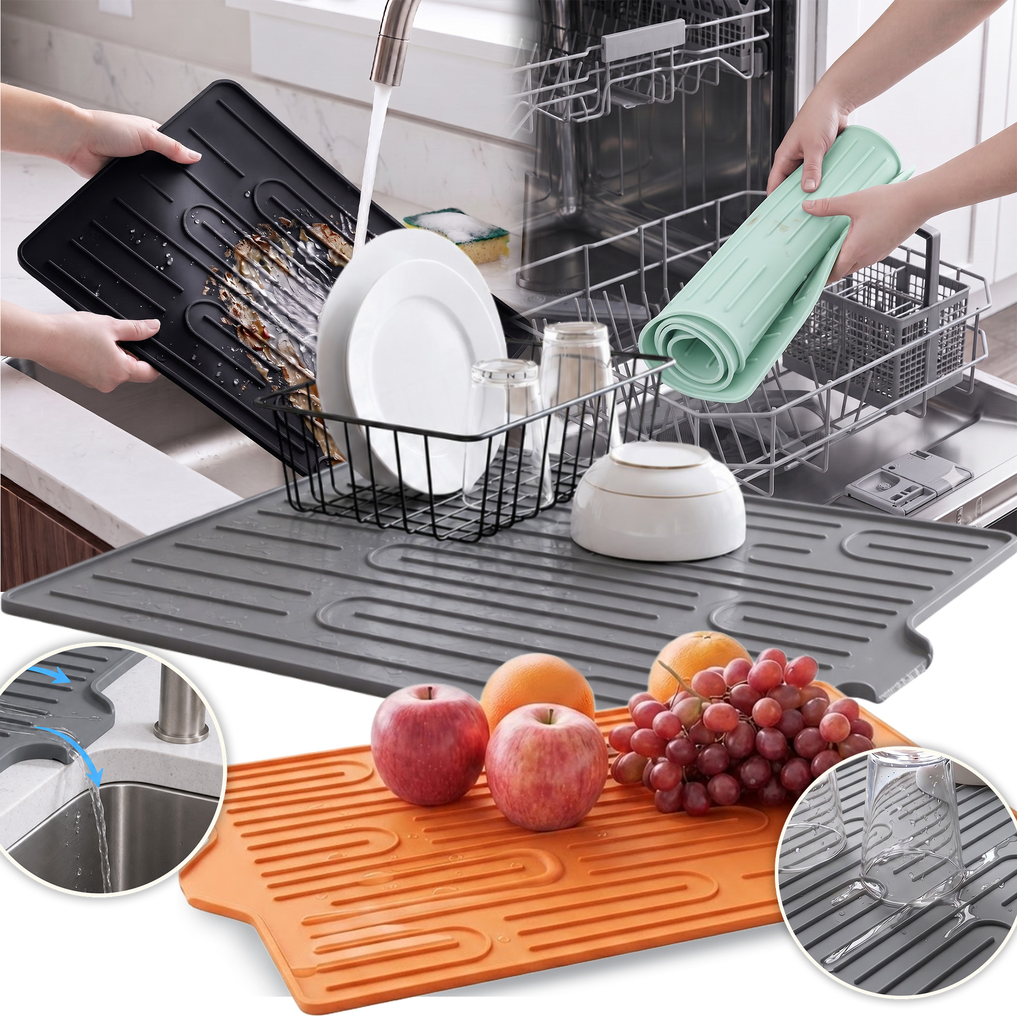 Image of Silicone Mat For Sink And Countertop, Anti-slip Dish Drainer With Drainage, Extra-large Drying Mat 60 × 39 Cm, Heat Resistant Up To 190 °c, 1pc