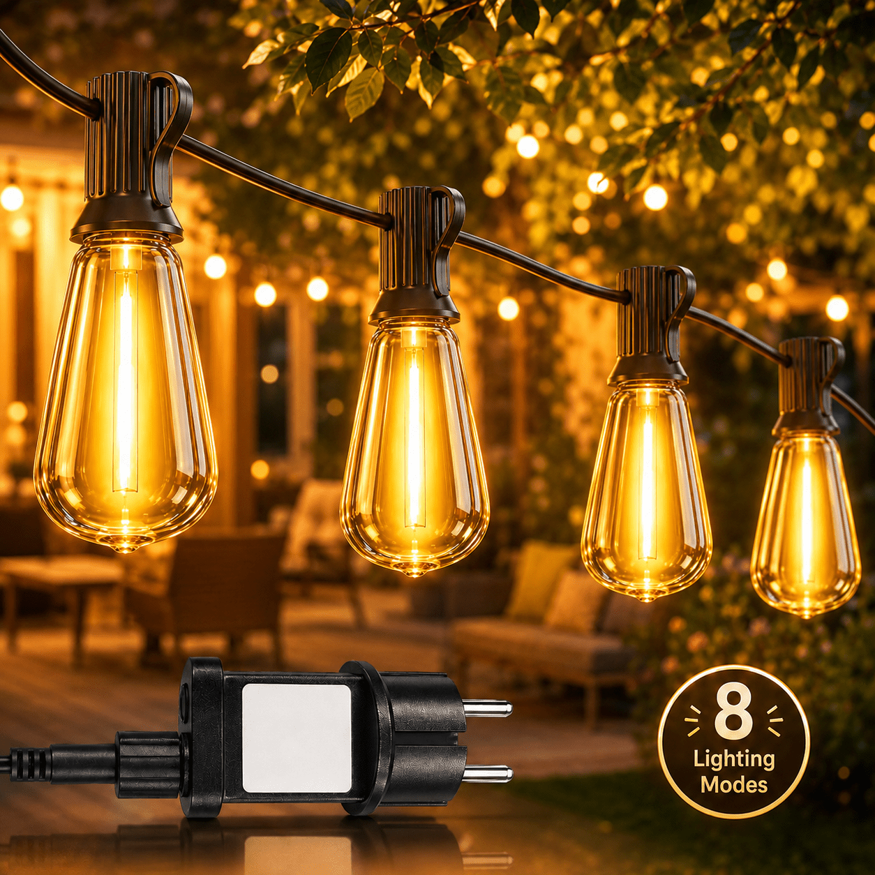 Image of 80/50/25 Leds St38 Outdoor String Light With Eu Plug, 8 Lighting , Ip44 And , Warm White Pendant Lights Fairy Lights For Wedding Decoration