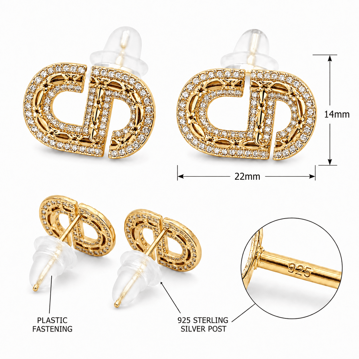 Geometric D-Shaped Pavé Stud Earrings with AAAAA Cubic Zirconia