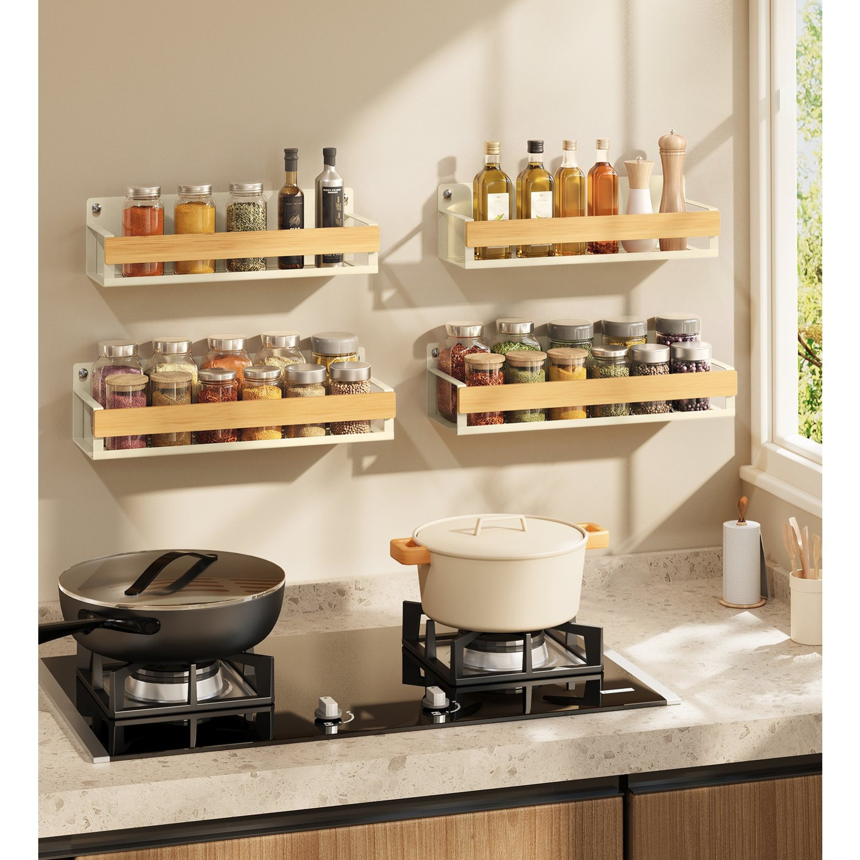 Image of Spice Rack Wall 4pcs Set, Wide Kitchen Organizer, 30 X 10 X 7.5 Cm / 27.5 X 9 X 7.5 Cm