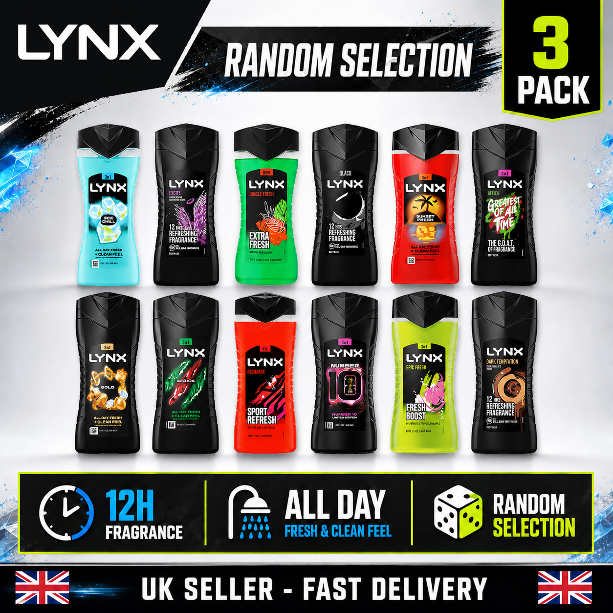 TEMU Lynx Men’s Shower Gel 3 Pack, 225ml Each (675ml Total) – Random Assorted Fragrances, 3-in-, Wash, Long-
