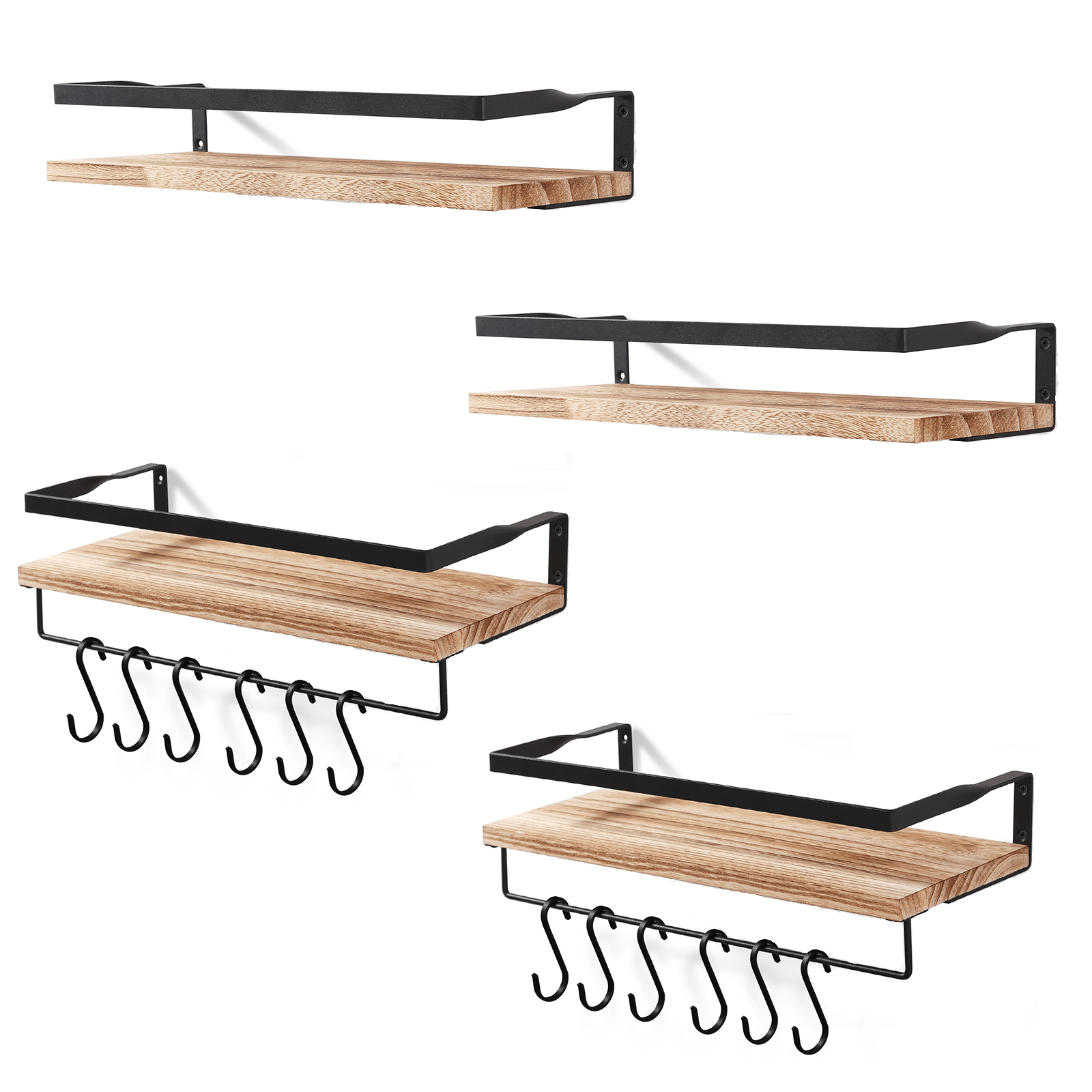 Image of 4-piece Wooden Wall Shelf Set, Floating Shelves 4-pack, 42cm Wood Floating Shelves With Towel Holder For Living Room, Kitchen, Office, Bathroom
