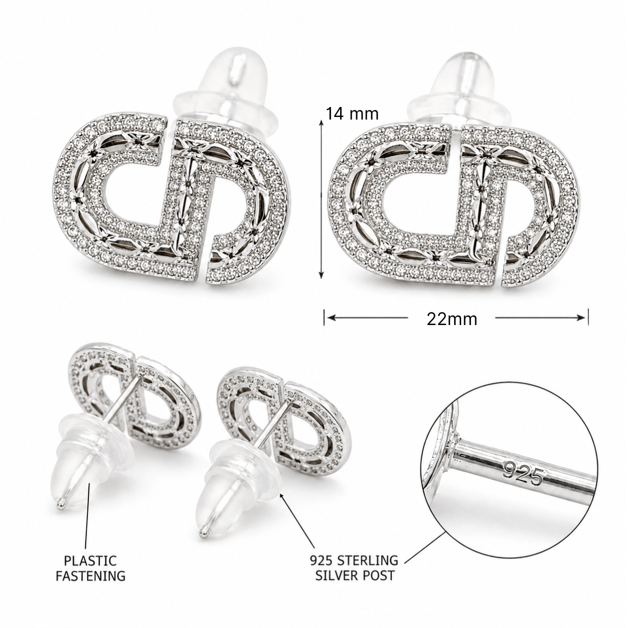 Geometric D-Shaped Pavé Stud Earrings with AAAAA Cubic Zirconia