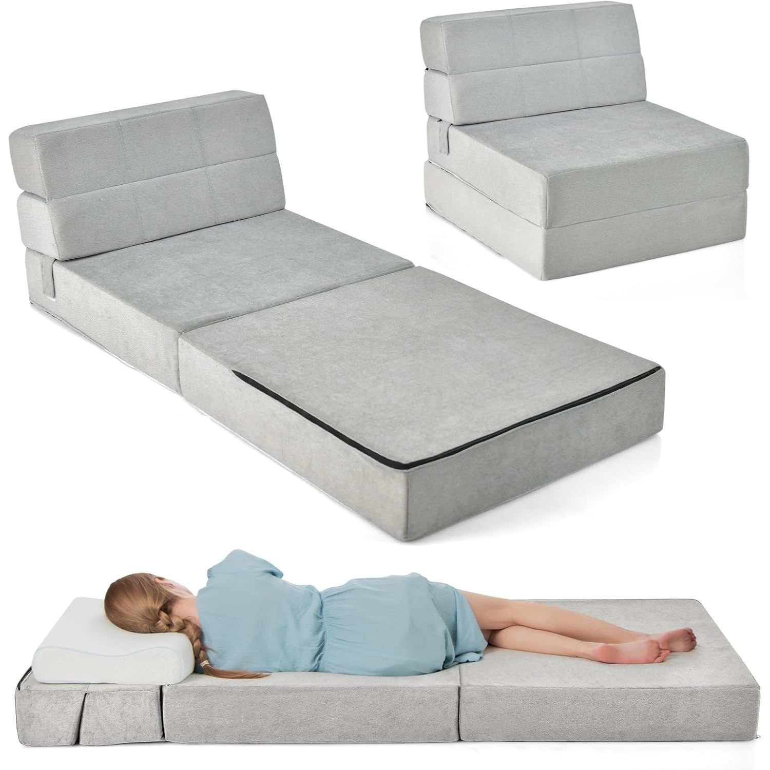 Image of Floor Sofa With Sleep Function, 3-in-1 Folding Sofa Bed, Foam Floor Mattress With Removable Cover, Folding Sofa Sleeping Chair For Living Room